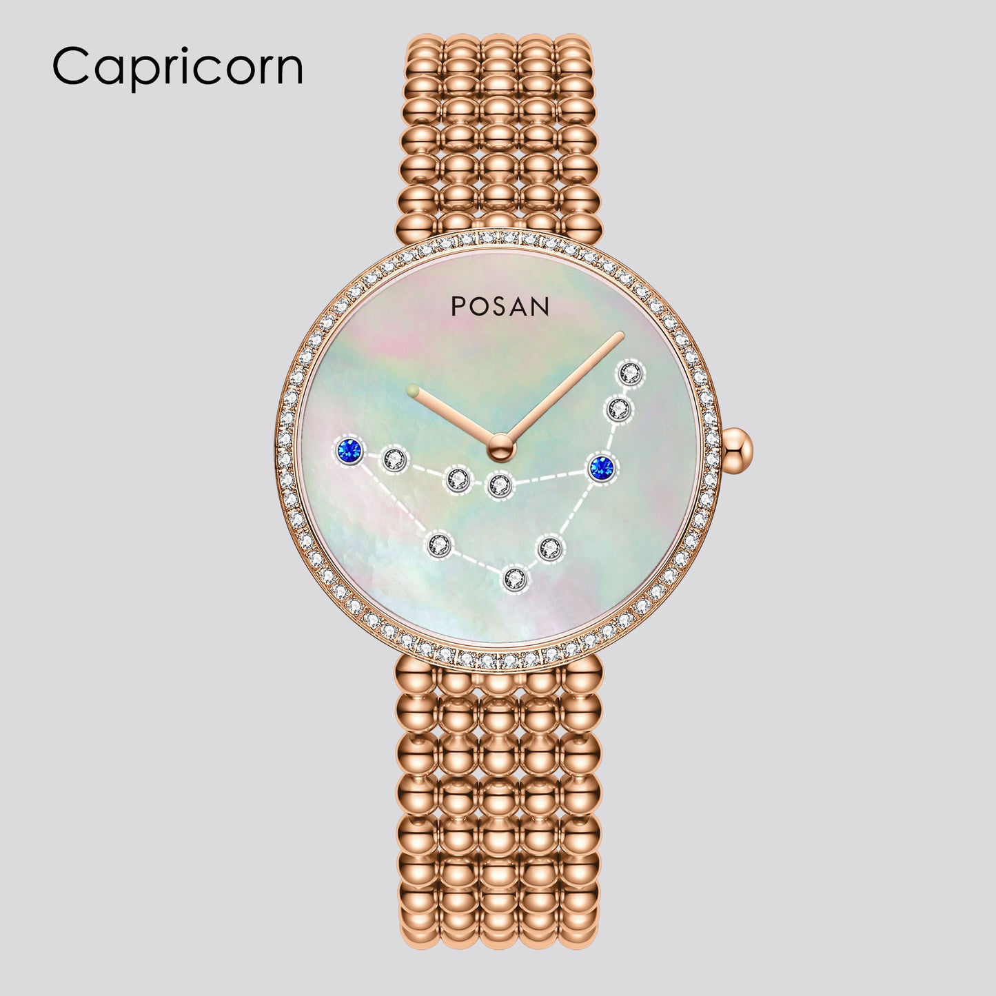 POSAN Watch PSW-001C Classic Zodiac Quartz Watch with Pearl Shell Dial, Gem-Set Constellations & Stainless Steel Bead Bracelet