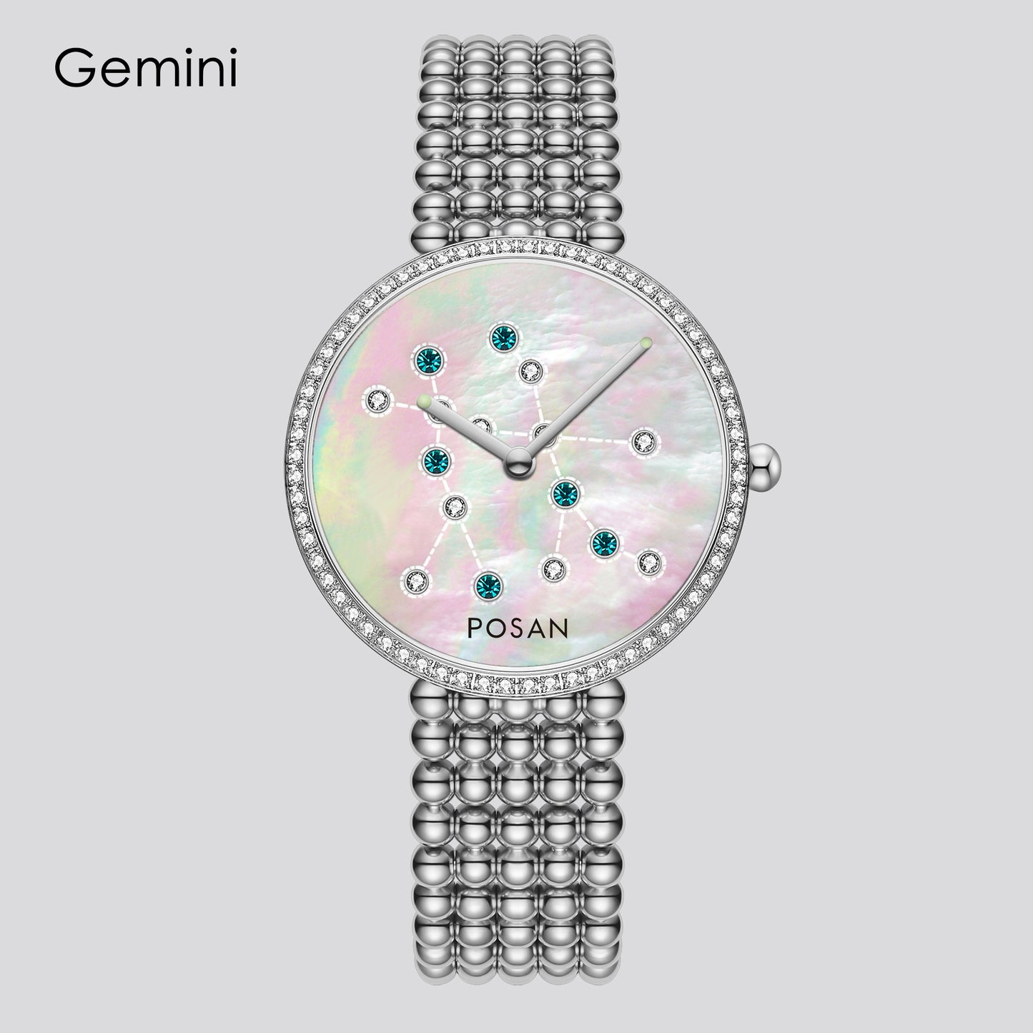 POSAN Watch PSW-001C Classic Zodiac Quartz Watch with Pearl Shell Dial, Gem-Set Constellations & Stainless Steel Bead Bracelet