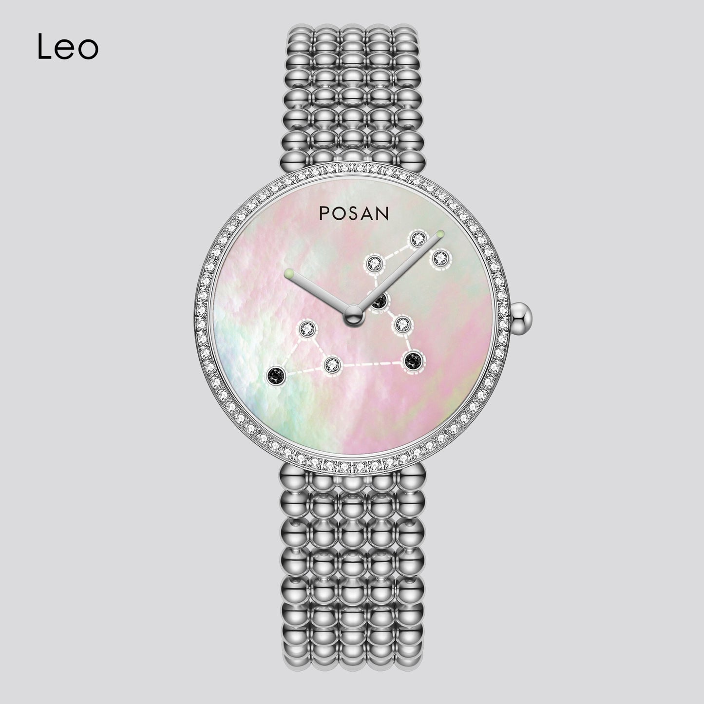 POSAN Mother-of-Pearl Dial Watch PSW-001C Classic Zodiac Quartz Watch with Gem-Set Constellations & Stainless Steel Bead Bracelet