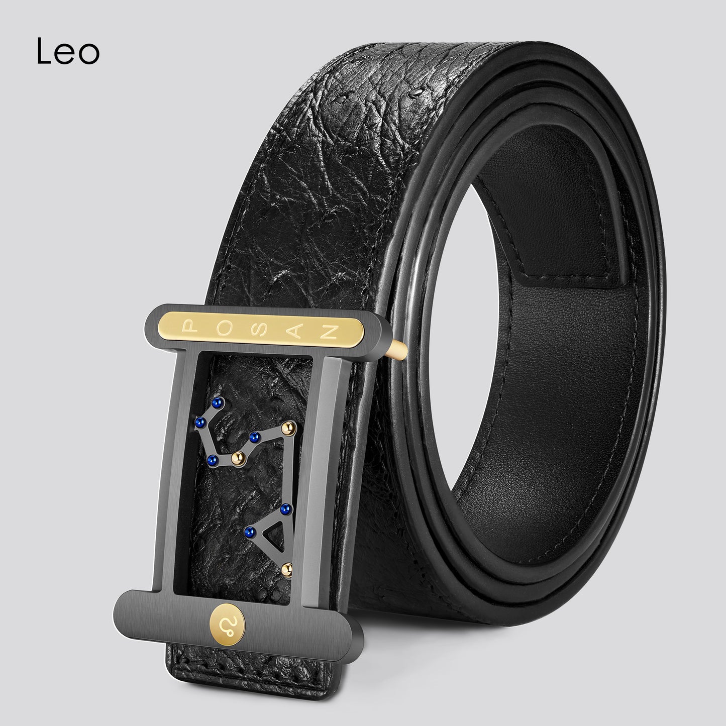 POSAN Belt PSB-001 Ostrich Leather Zodiac Plate Buckle Belt with Titanium & Black-Gold Electroplated Finish