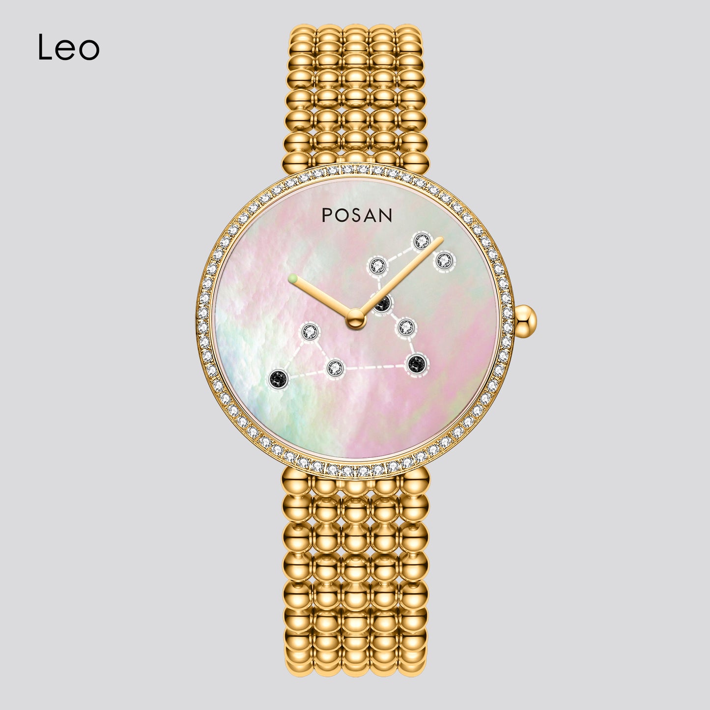 POSAN Watch PSW-001C GOLD Classic Zodiac Quartz Watch with Pearl Shell Dial, Gem-Set Constellations & Stainless Steel Bead Bracelet