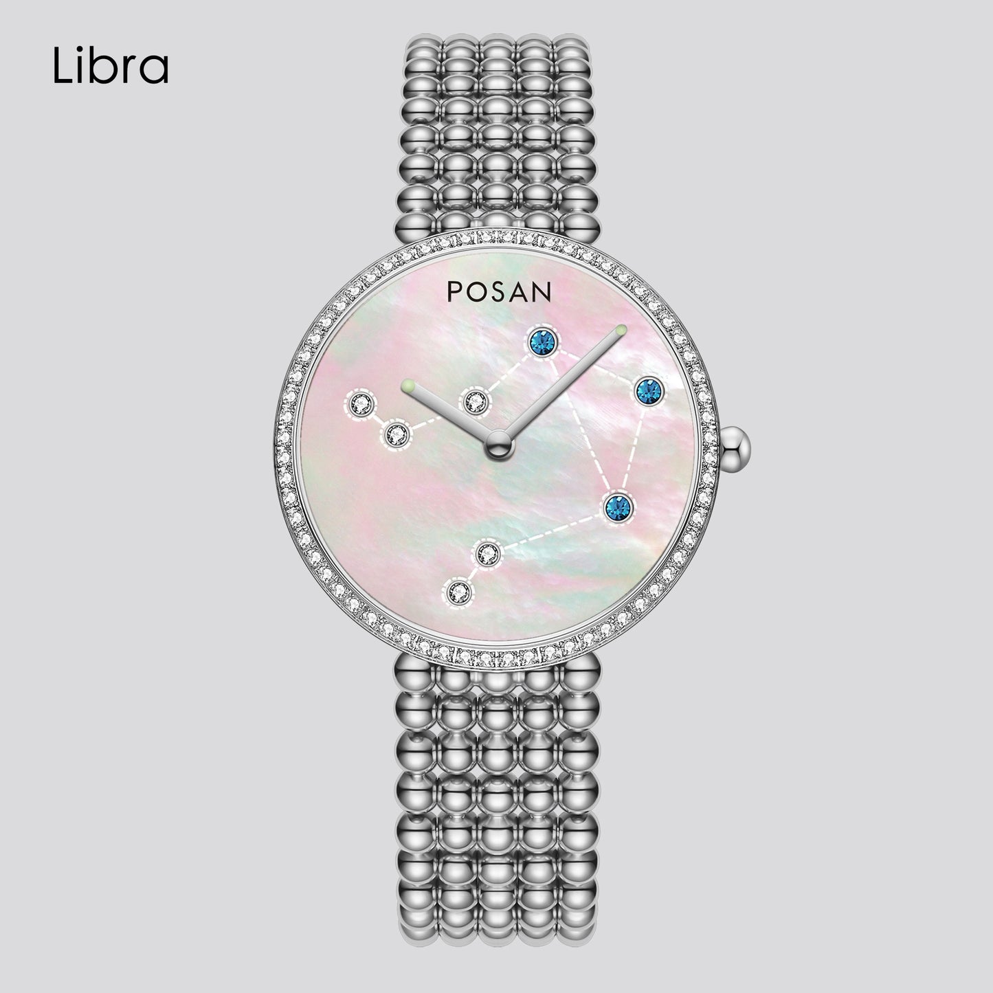 POSAN Watch PSW-001C Classic Zodiac Quartz Watch with Pearl Shell Dial, Gem-Set Constellations & Stainless Steel Bead Bracelet