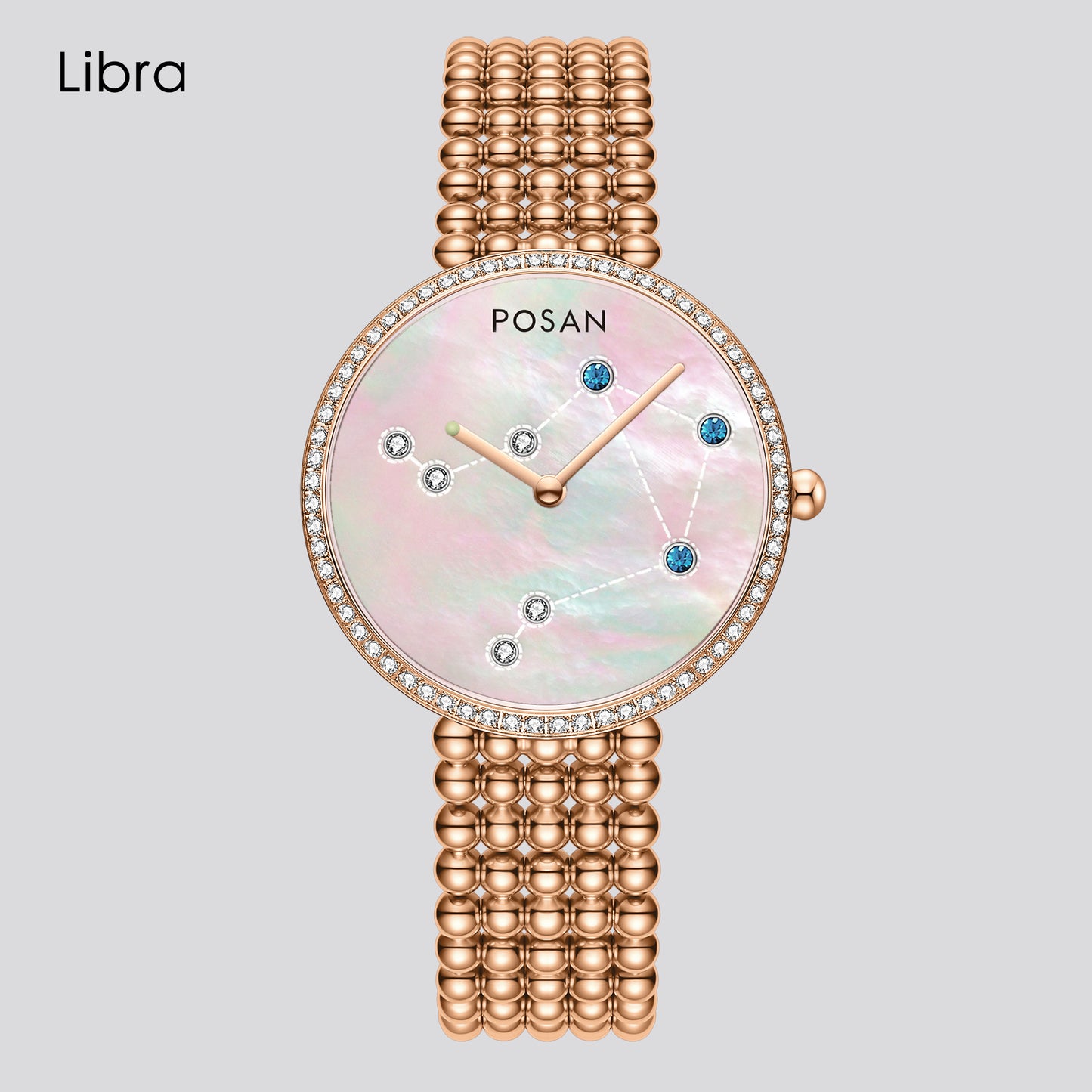 POSAN Watch PSW-001C Classic Zodiac Quartz Watch with Pearl Shell Dial, Gem-Set Constellations & Stainless Steel Bead Bracelet