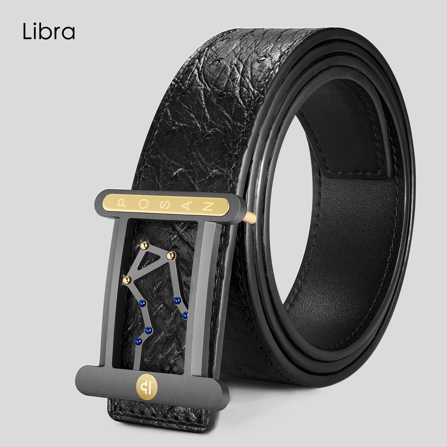 POSAN Belt PSB-001 Ostrich Leather Zodiac Plate Buckle Belt with Titanium & Black-Gold Electroplated Finish