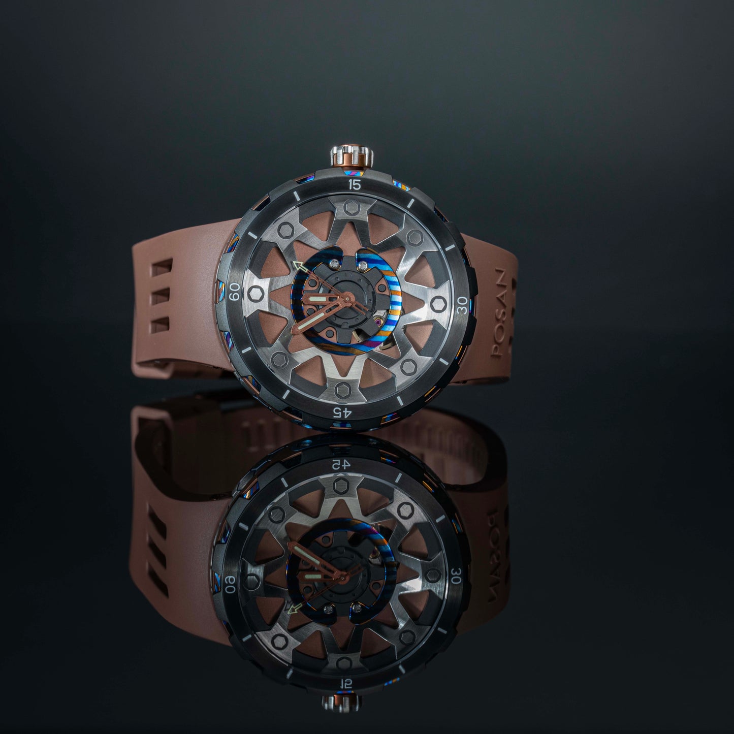 POSAN Watch PSW-001 COFFE Gradient Damascus Titanium Watch Timascus Anodized Color Finish with Skeleton Dial & Screw-down Crown