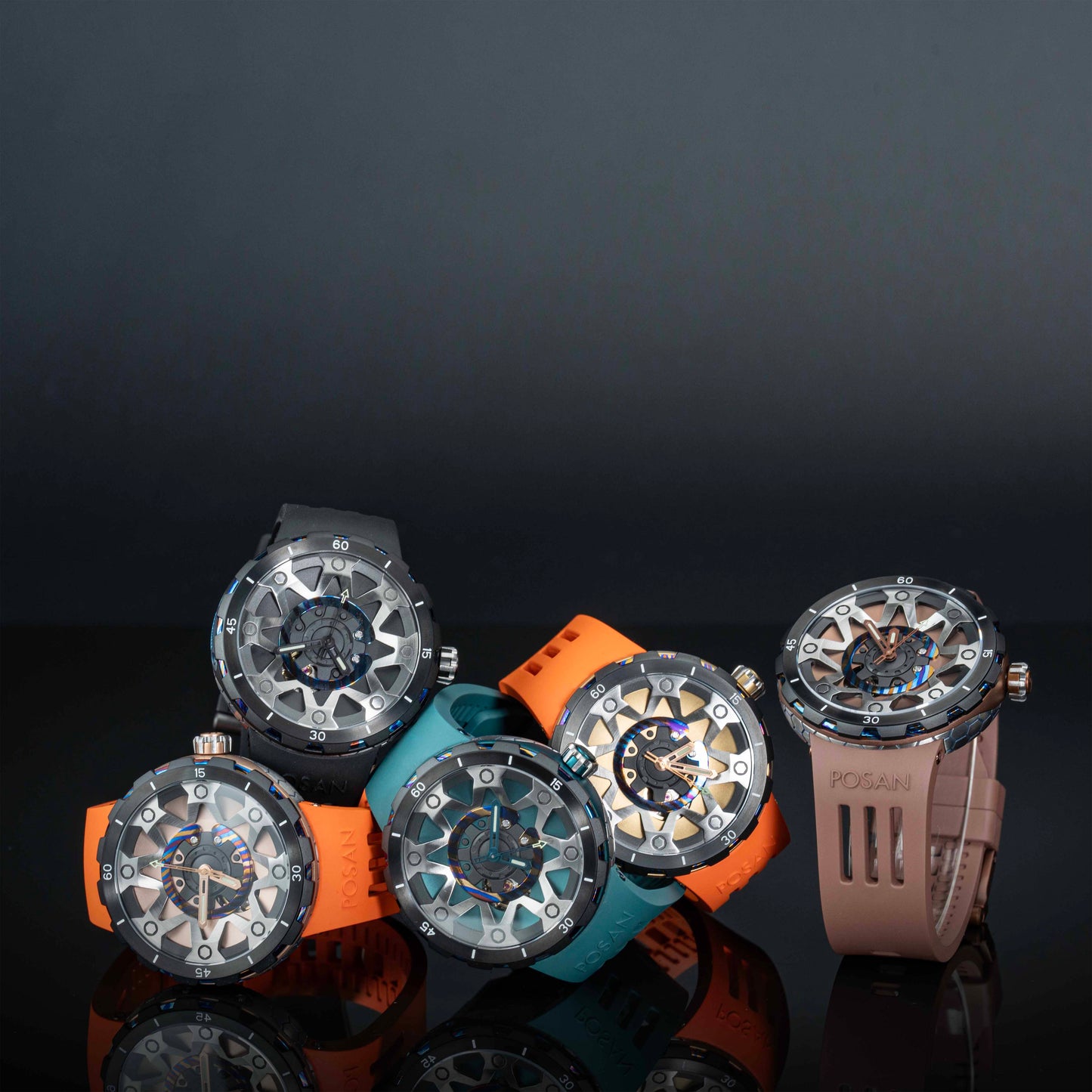 POSAN Watch PSW-001 BLACK Gradient Damascus Titanium Watch Timascus Anodized Color Finish with Skeleton Dial & Screw-down Crown