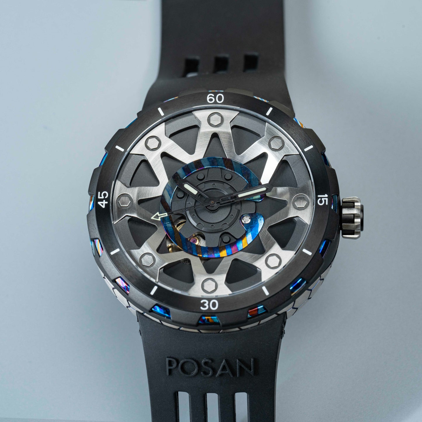POSAN Watch PSW-001 BLACK Gradient Damascus Titanium Watch Timascus Anodized Color Finish with Skeleton Dial & Screw-down Crown