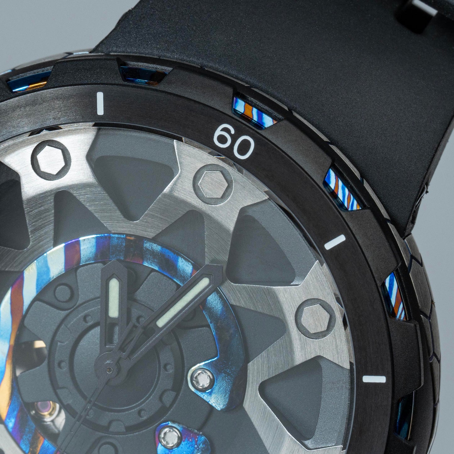 POSAN Watch PSW-001 BLACK Gradient Damascus Titanium Watch Timascus Anodized Color Finish with Skeleton Dial & Screw-down Crown