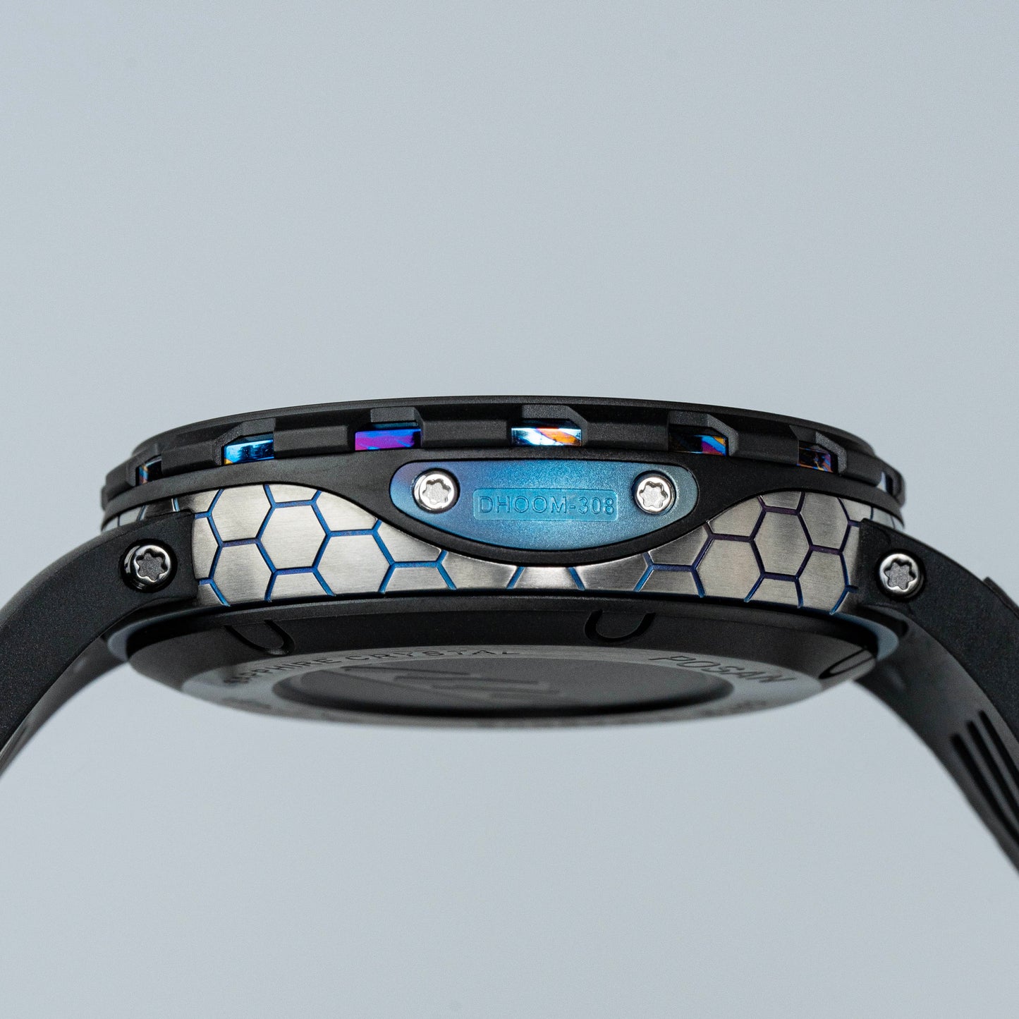 POSAN Watch PSW-001 BLACK Gradient Damascus Titanium Watch Timascus Anodized Color Finish with Skeleton Dial & Screw-down Crown