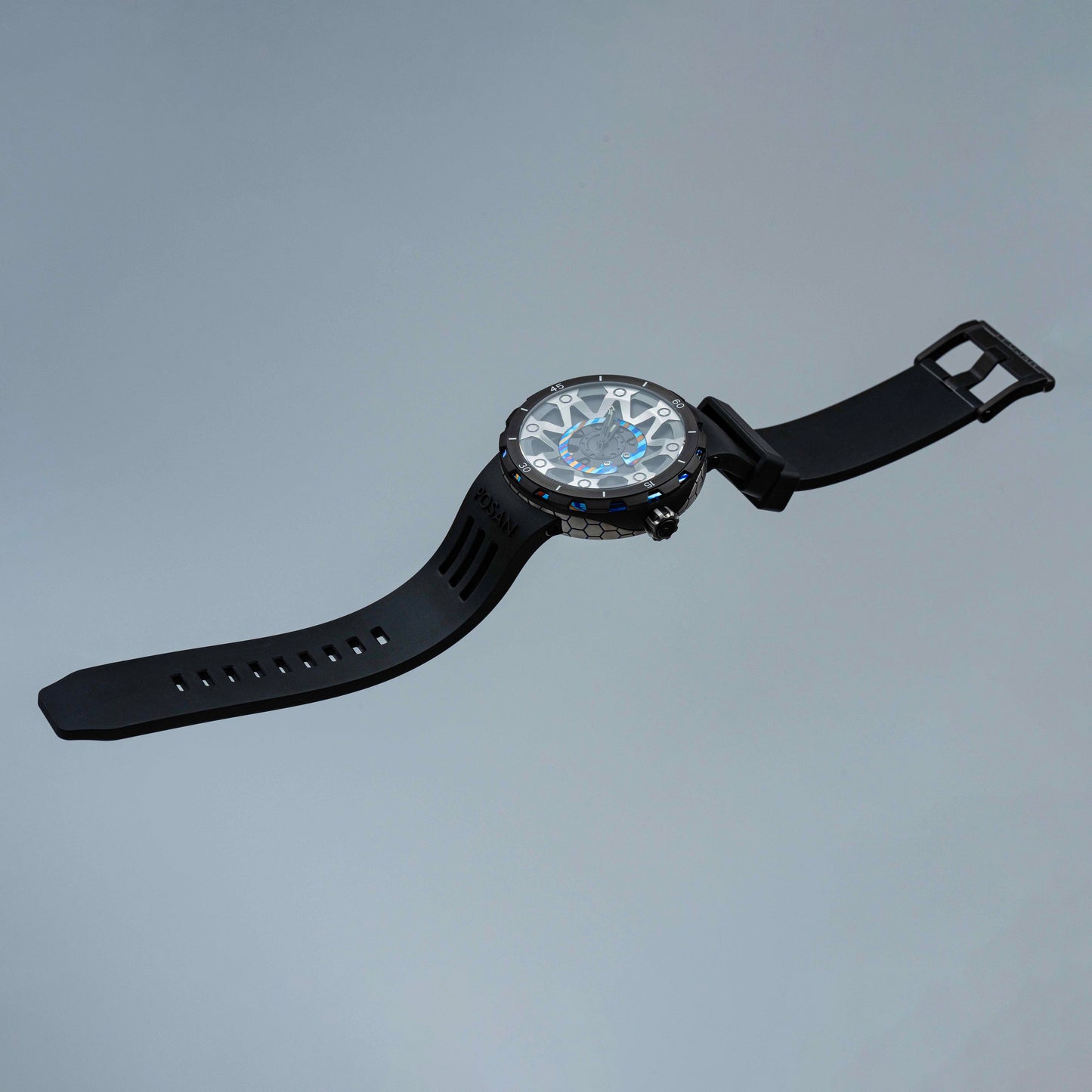POSAN Watch PSW-001 BLACK Gradient Damascus Titanium Watch Timascus Anodized Color Finish with Skeleton Dial & Screw-down Crown