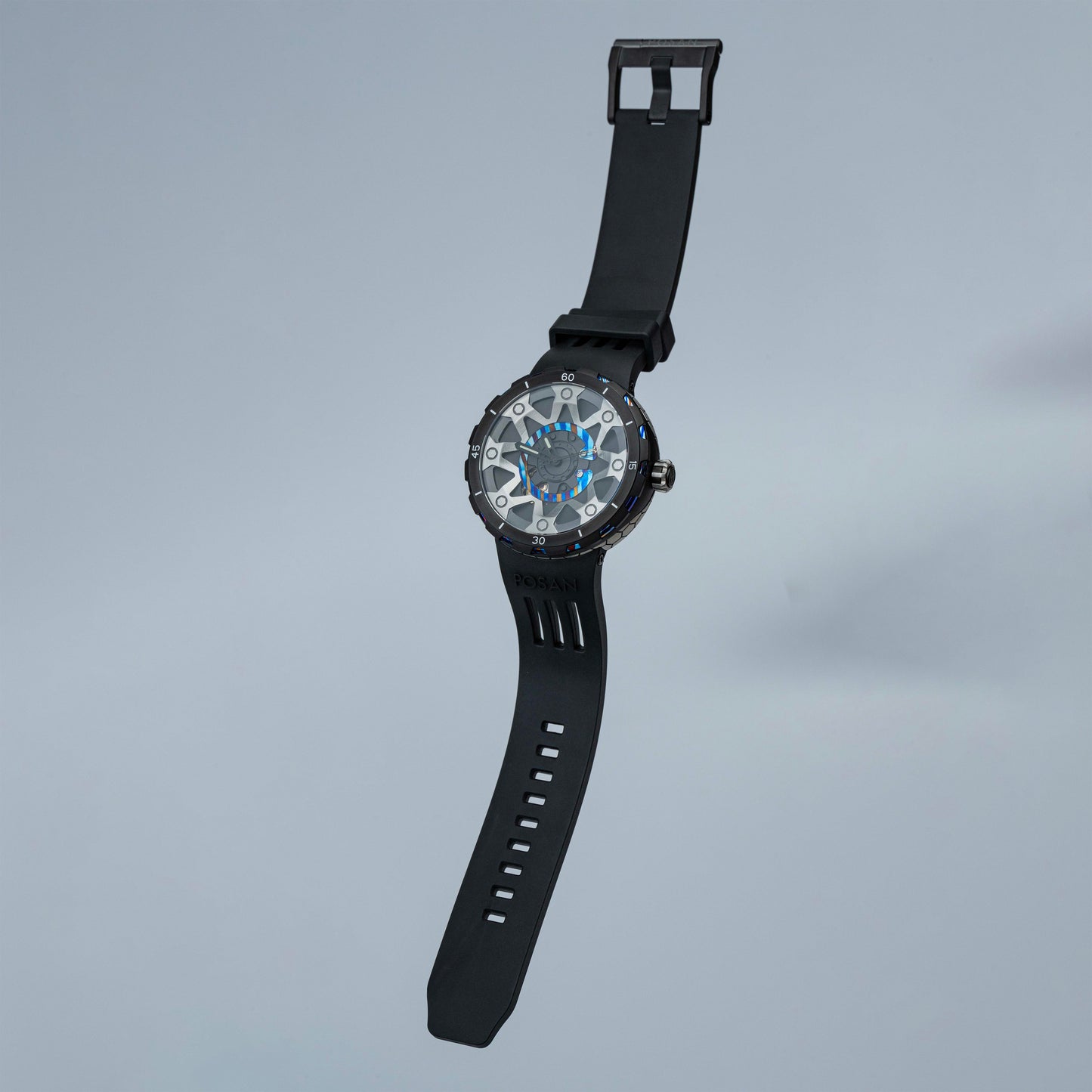 POSAN Watch PSW-001 BLACK Gradient Damascus Titanium Watch Timascus Anodized Color Finish with Skeleton Dial & Screw-down Crown