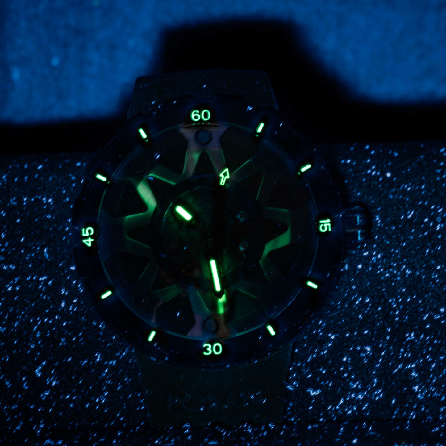 POSAN Watch PSW-001 BLACK Gradient Damascus Titanium Watch Timascus Anodized Color Finish with Skeleton Dial & Screw-down Crown