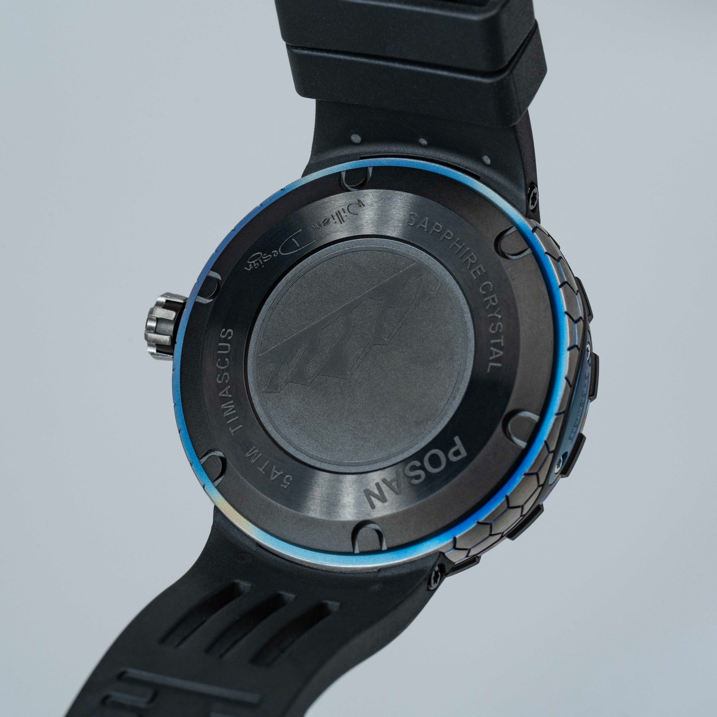 POSAN Watch PSW-001 BLACK Gradient Damascus Titanium Watch Timascus Anodized Color Finish with Skeleton Dial & Screw-down Crown