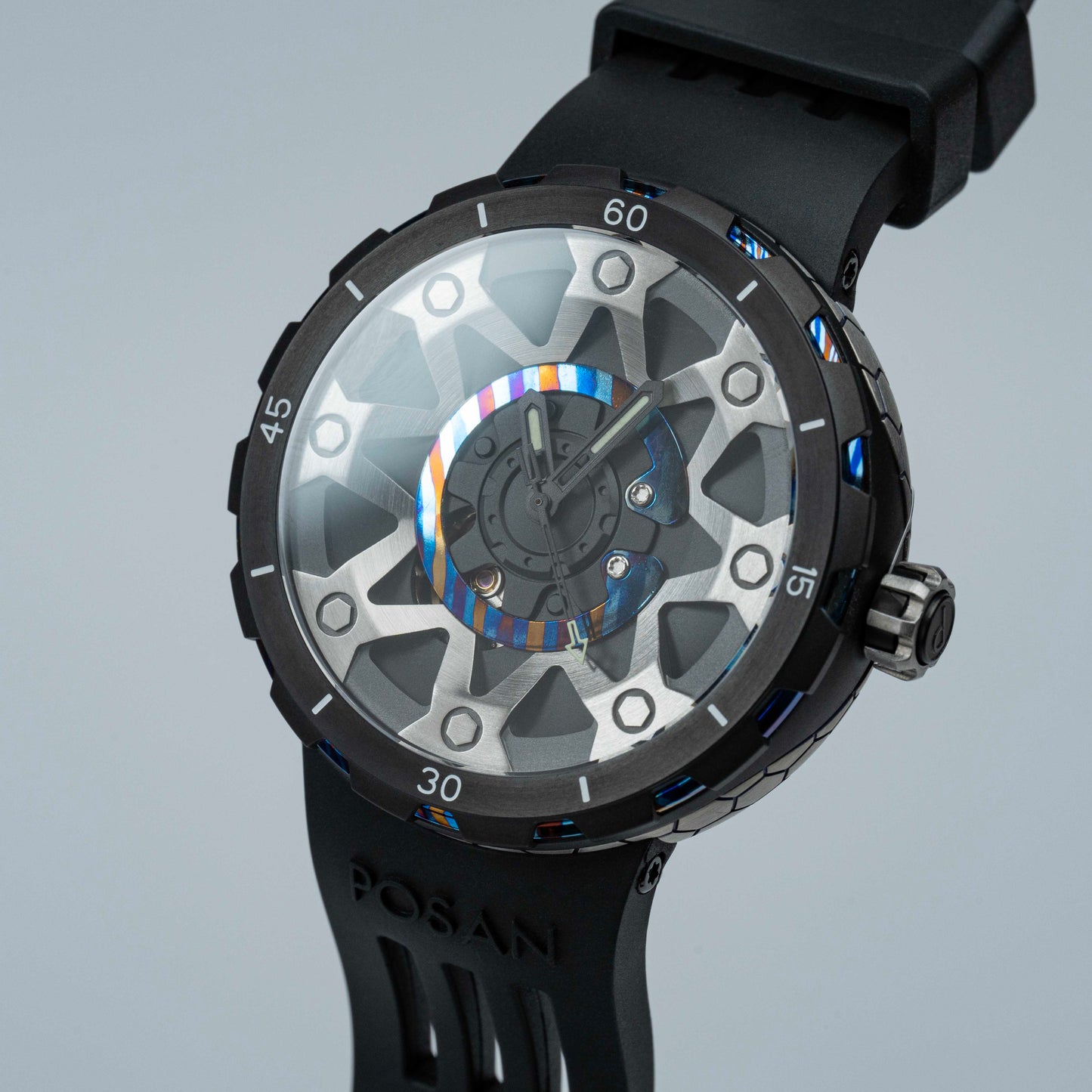 POSAN Watch PSW-001 BLACK Gradient Damascus Titanium Watch Timascus Anodized Color Finish with Skeleton Dial & Screw-down Crown