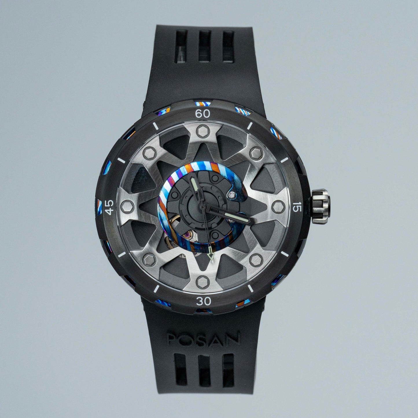 POSAN Watch PSW-001 BLACK Gradient Damascus Titanium Watch Timascus Anodized Color Finish with Skeleton Dial & Screw-down Crown