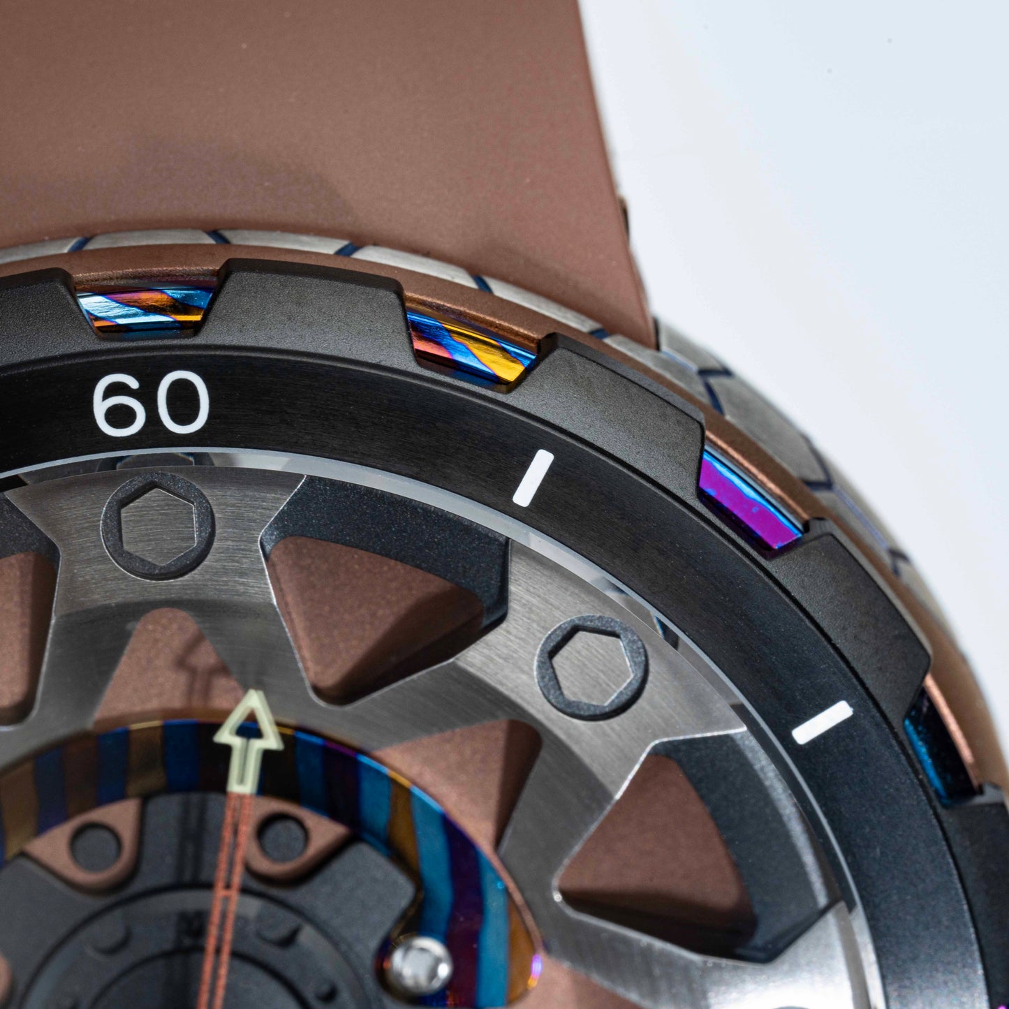 POSAN Watch PSW-001 COFFE Gradient Damascus Titanium Watch Timascus Anodized Color Finish with Skeleton Dial & Screw-down Crown