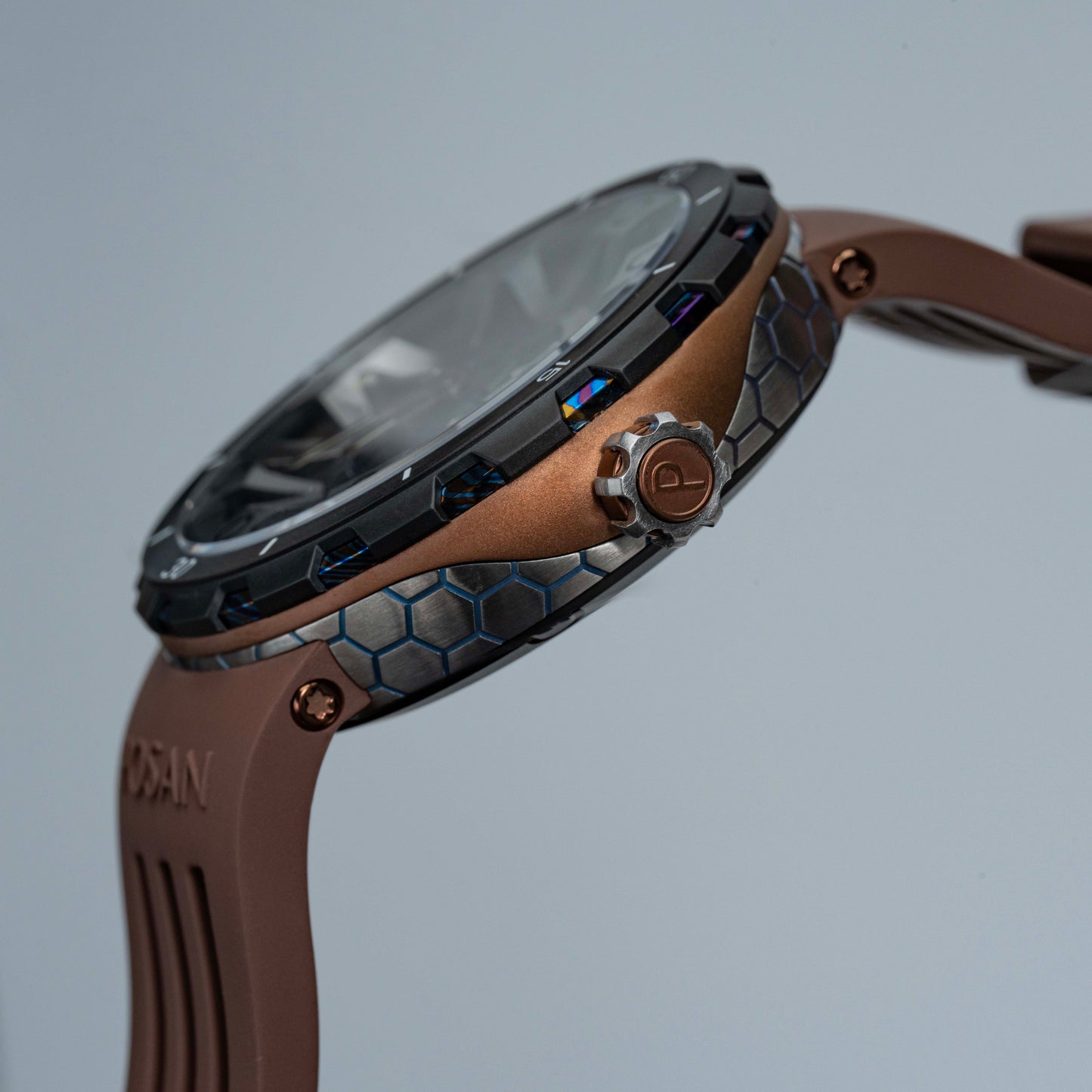 POSAN Watch PSW-001 COFFE Gradient Damascus Titanium Watch Timascus Anodized Color Finish with Skeleton Dial & Screw-down Crown