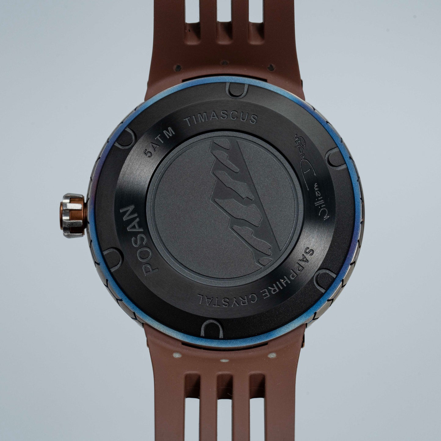 POSAN Watch PSW-001 COFFE Gradient Damascus Titanium Watch Timascus Anodized Color Finish with Skeleton Dial & Screw-down Crown