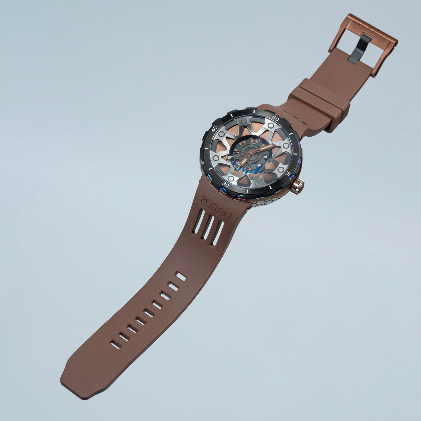 POSAN Watch PSW-001 COFFE Gradient Damascus Titanium Watch Timascus Anodized Color Finish with Skeleton Dial & Screw-down Crown