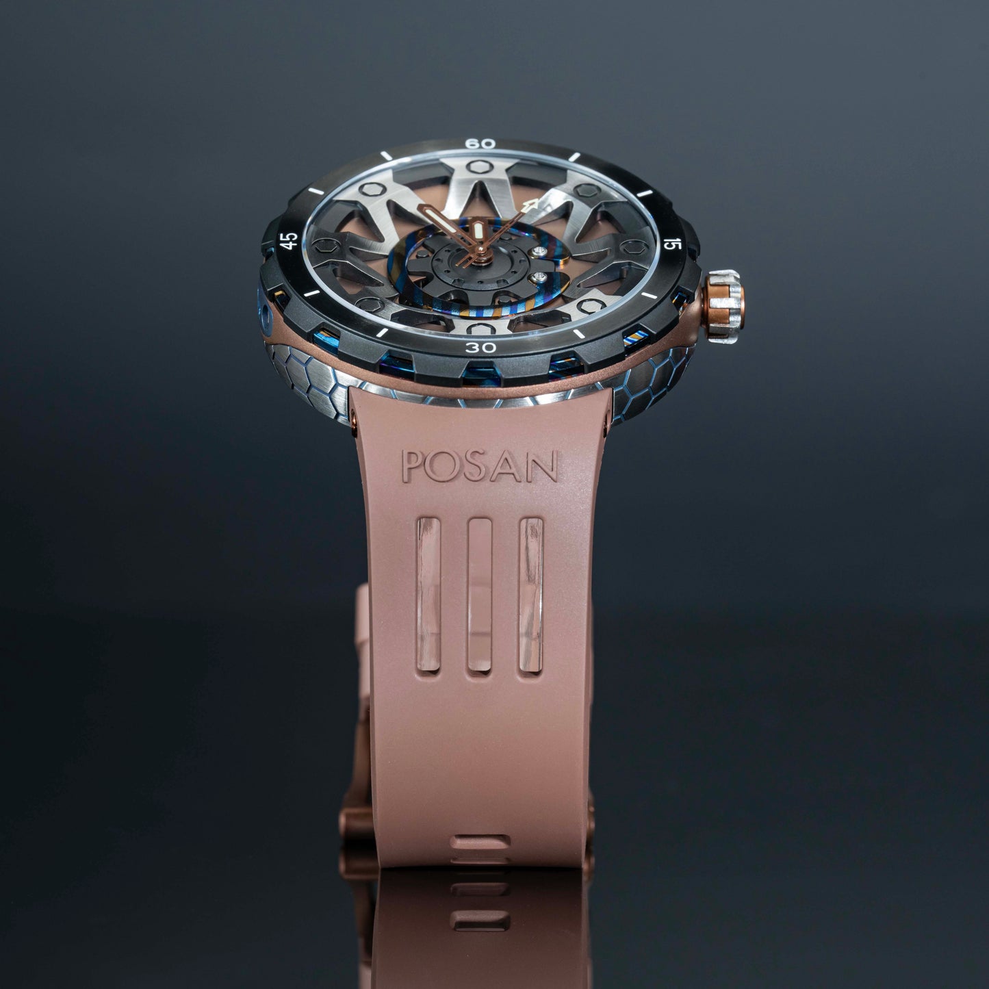 POSAN Watch PSW-001 COFFE Gradient Damascus Titanium Watch Timascus Anodized Color Finish with Skeleton Dial & Screw-down Crown