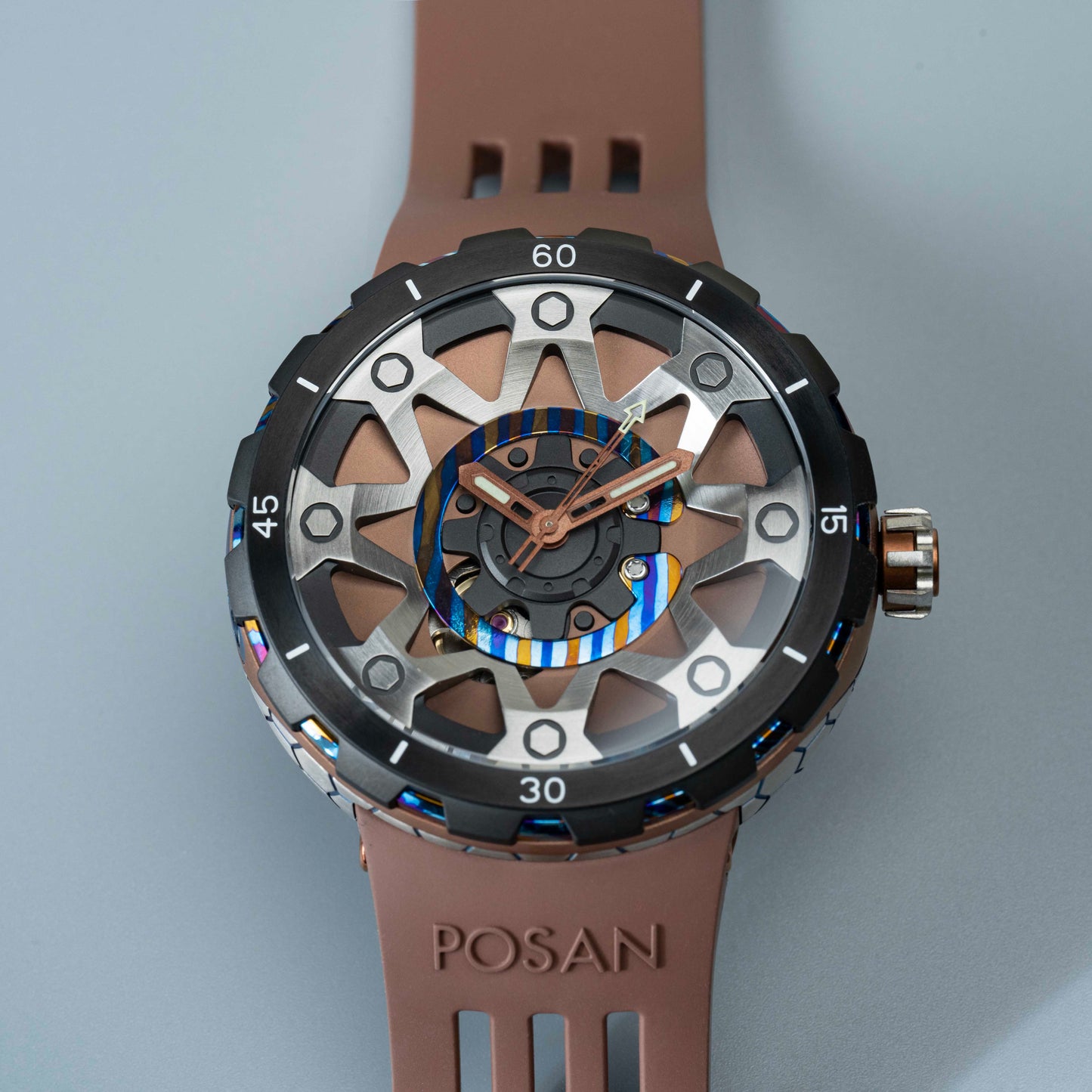 POSAN Watch PSW-001 COFFE Gradient Damascus Titanium Watch Timascus Anodized Color Finish with Skeleton Dial & Screw-down Crown