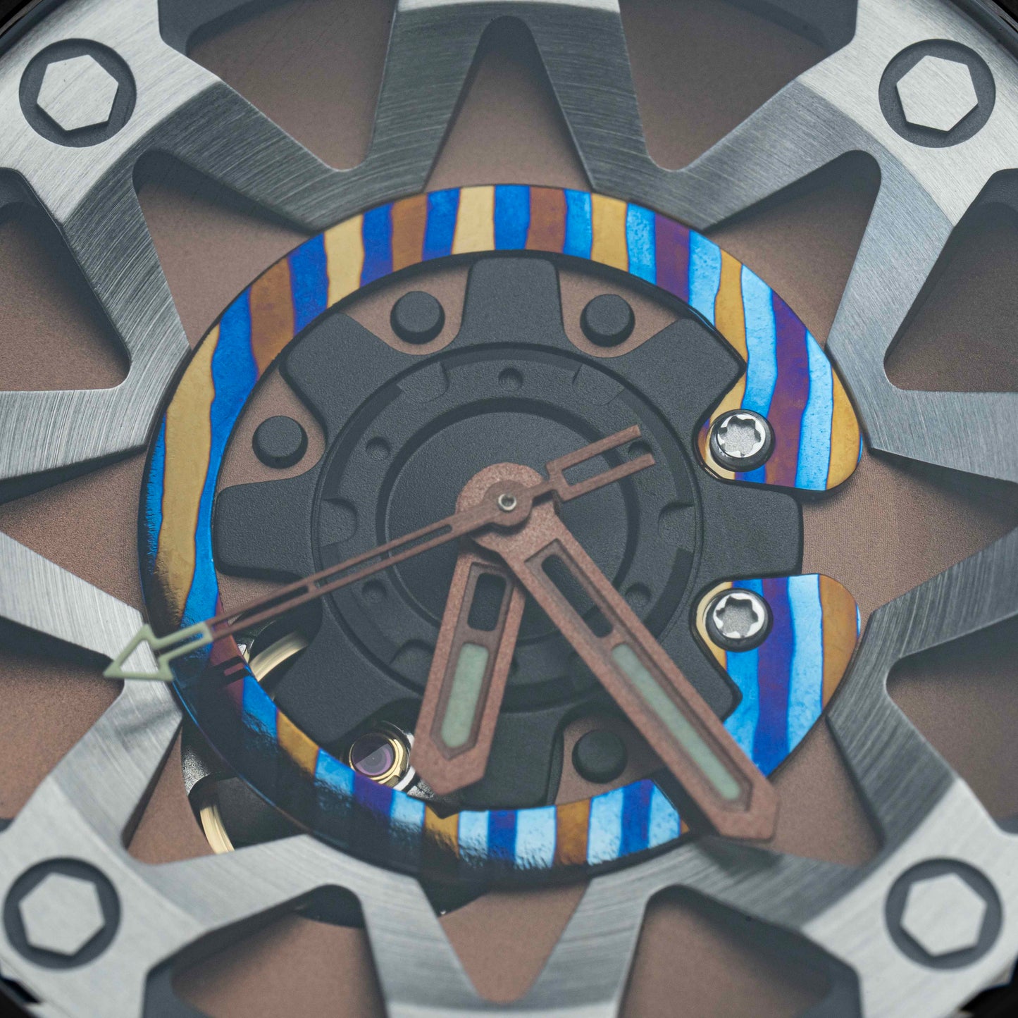 POSAN Watch PSW-001 COFFE Gradient Damascus Titanium Watch Timascus Anodized Color Finish with Skeleton Dial & Screw-down Crown