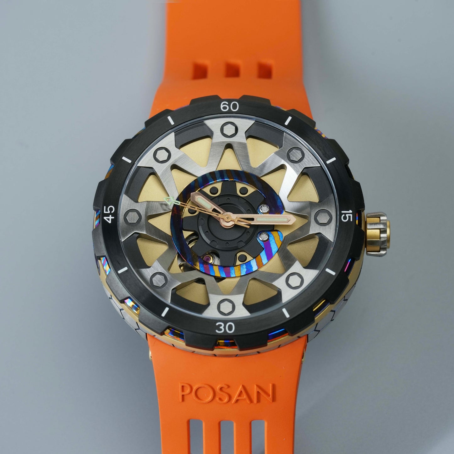 POSAN Watch PSW-001 GOLD Gradient Damascus Titanium Watch Timascus Anodized Color Finish with Skeleton Dial & Screw-down Crown