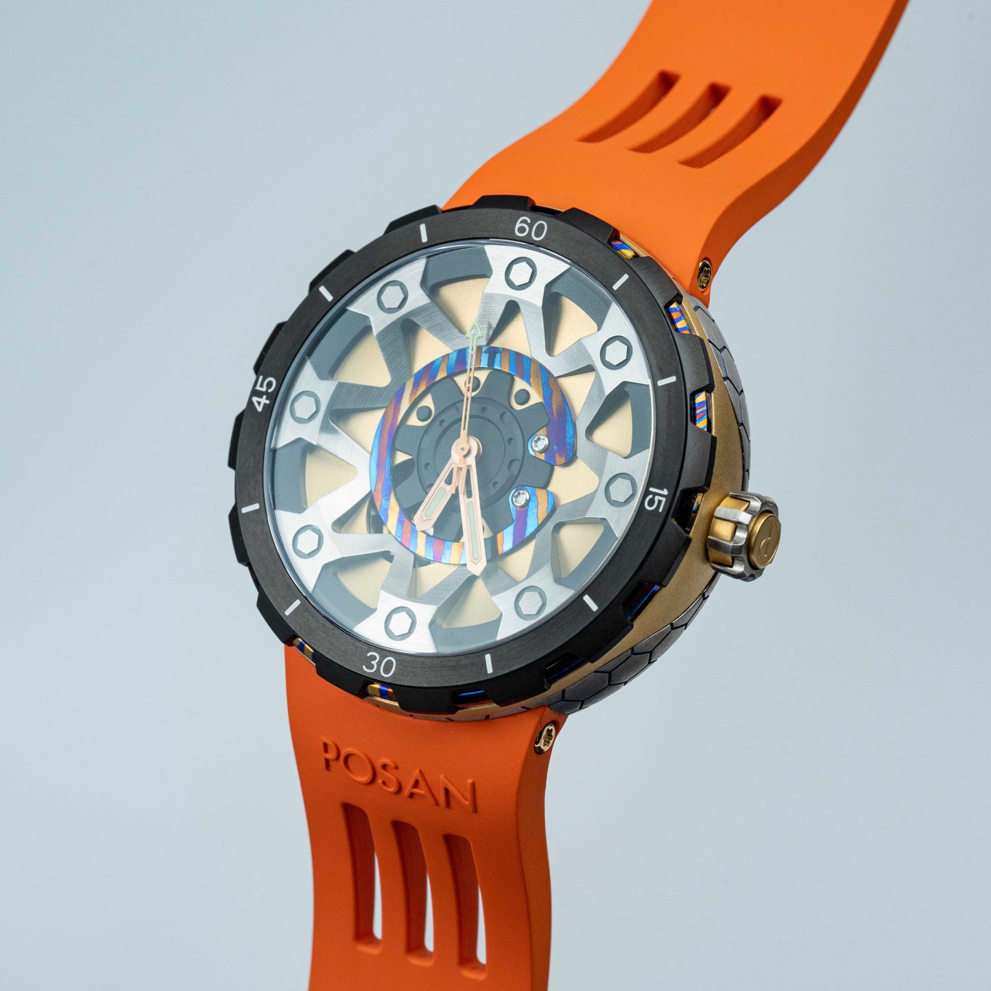 POSAN Watch PSW-001 GOLD Gradient Damascus Titanium Watch Timascus Anodized Color Finish with Skeleton Dial & Screw-down Crown
