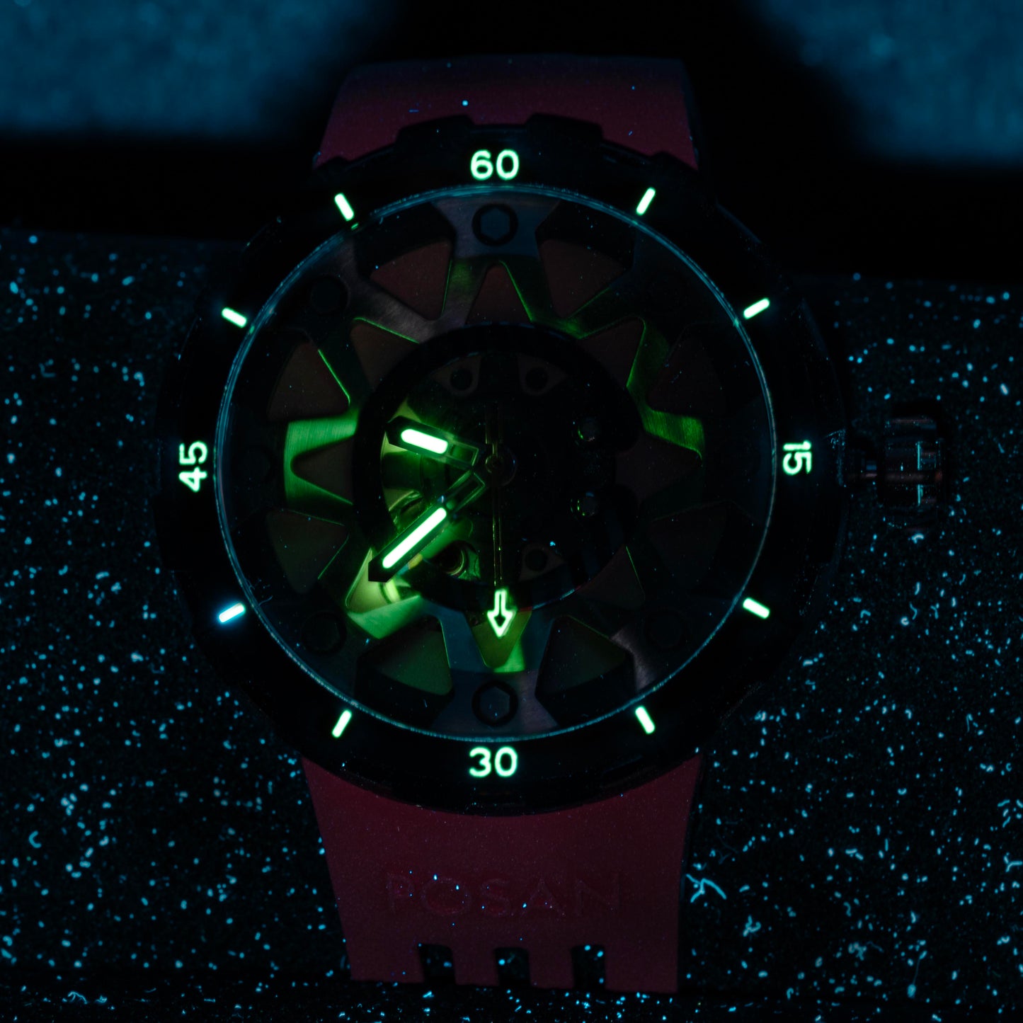 POSAN Watch PSW-001 GOLD Gradient Damascus Titanium Watch Timascus Anodized Color Finish with Skeleton Dial & Screw-down Crown