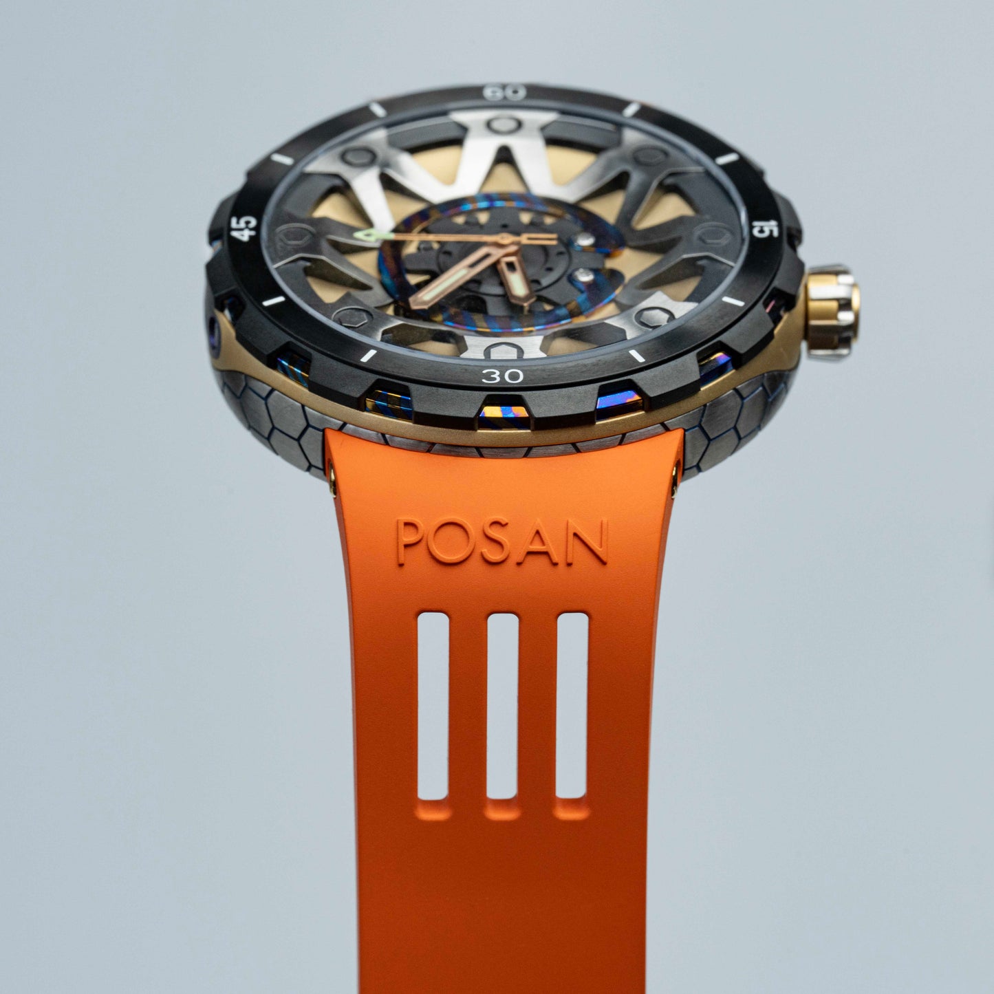 POSAN Watch PSW-001 GOLD Gradient Damascus Titanium Watch Timascus Anodized Color Finish with Skeleton Dial & Screw-down Crown