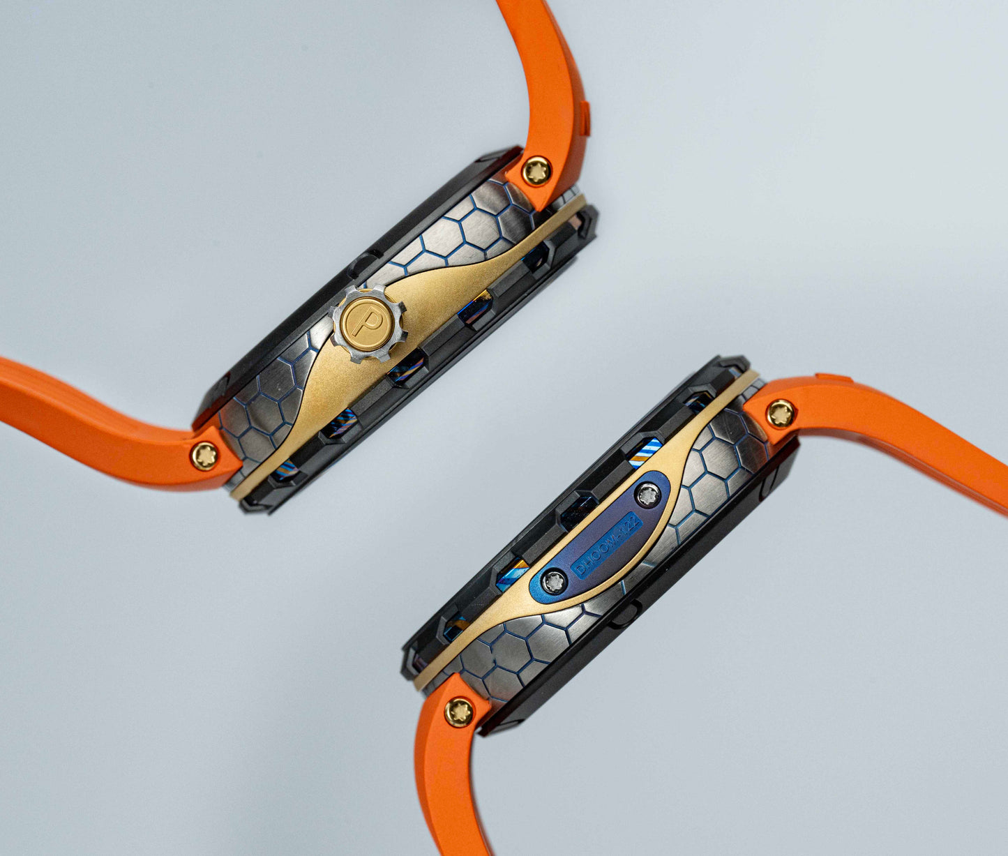 POSAN Watch PSW-001 GOLD Gradient Damascus Titanium Watch Timascus Anodized Color Finish with Skeleton Dial & Screw-down Crown