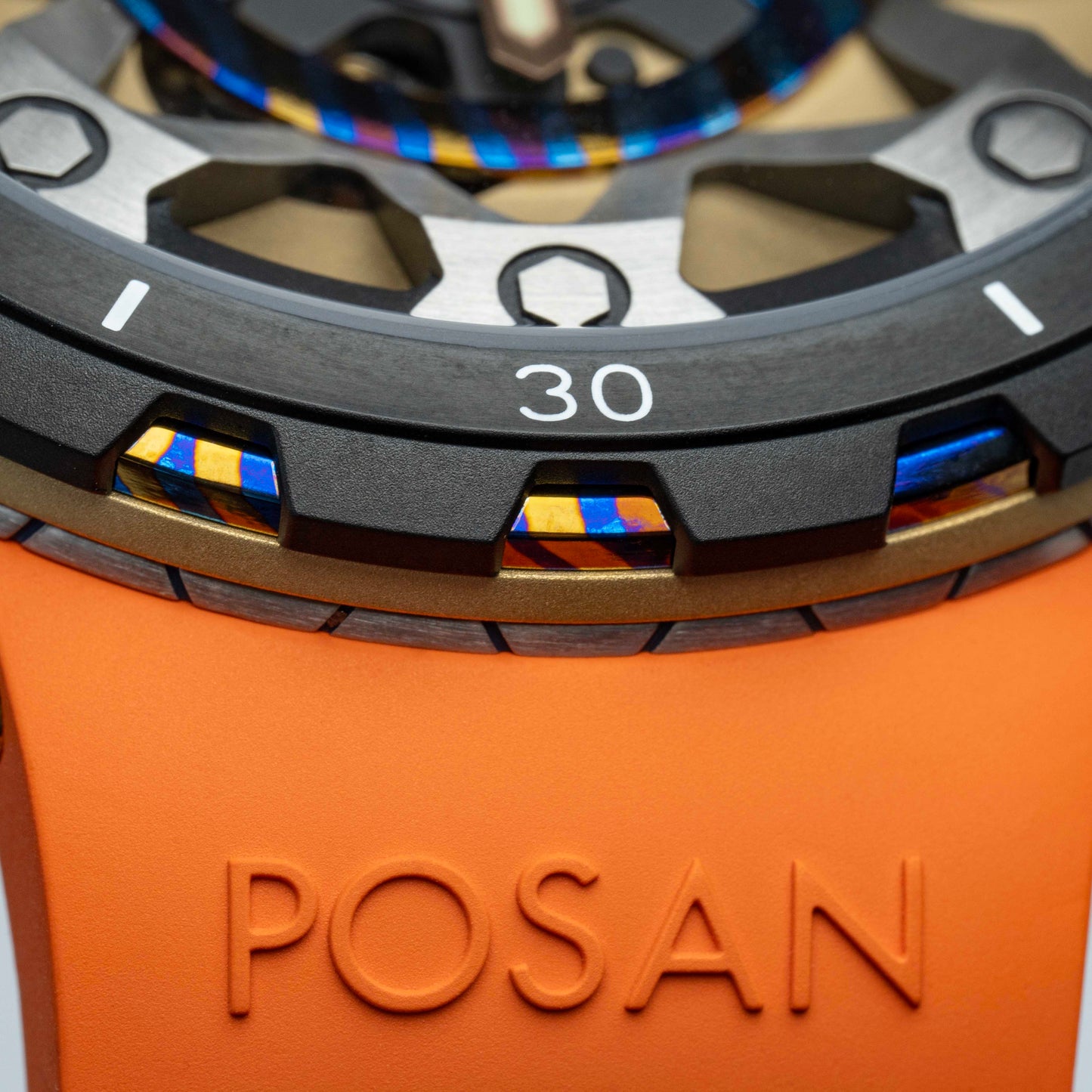 POSAN Watch PSW-001 GOLD Gradient Damascus Titanium Watch Timascus Anodized Color Finish with Skeleton Dial & Screw-down Crown