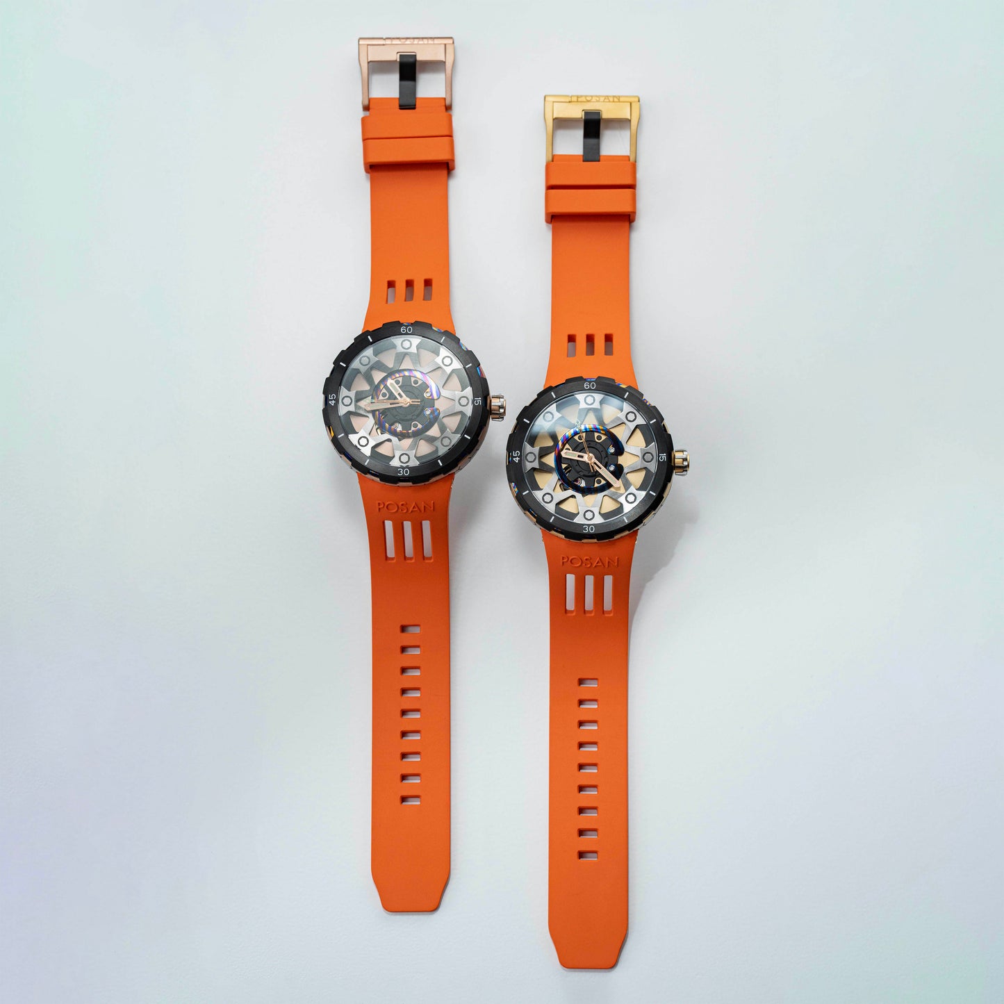POSAN Watch PSW-001 GOLD Gradient Damascus Titanium Watch Timascus Anodized Color Finish with Skeleton Dial & Screw-down Crown