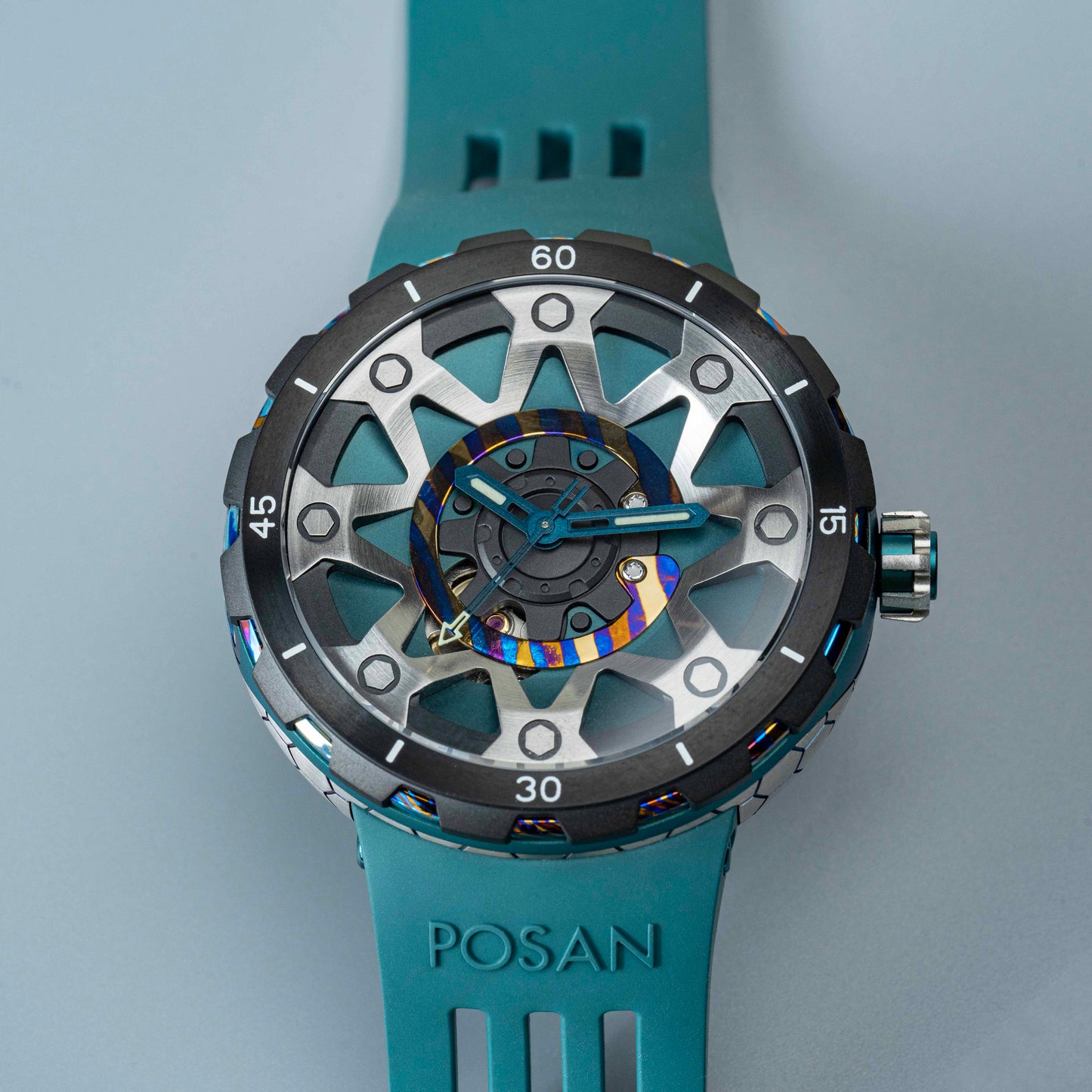 POSAN Watch PSW-001 GREEN Gradient Damascus Titanium Watch Timascus Anodized Color Finish with Skeleton Dial & Screw-down Crown