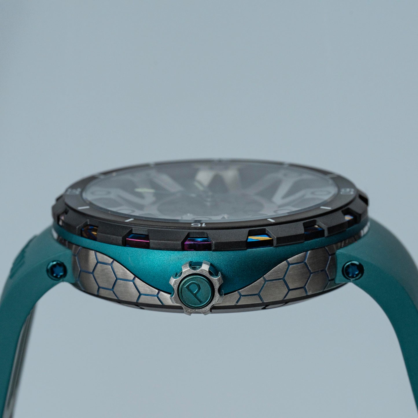 POSAN Watch PSW-001 GREEN Gradient Damascus Titanium Watch Timascus Anodized Color Finish with Skeleton Dial & Screw-down Crown