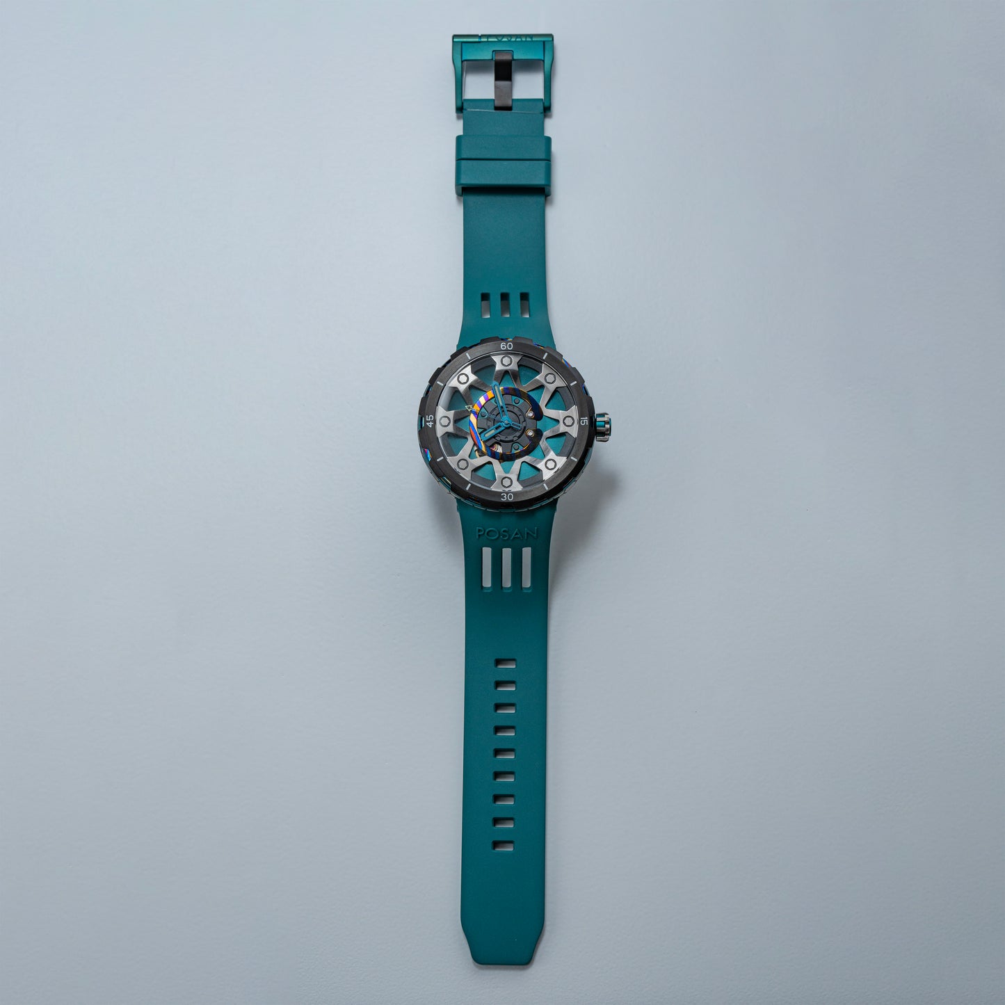 POSAN Watch PSW-001 GREEN Gradient Damascus Titanium Watch Timascus Anodized Color Finish with Skeleton Dial & Screw-down Crown