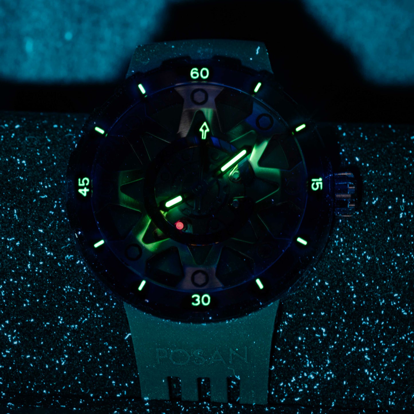 POSAN Watch PSW-001 GREEN Gradient Damascus Titanium Watch Timascus Anodized Color Finish with Skeleton Dial & Screw-down Crown