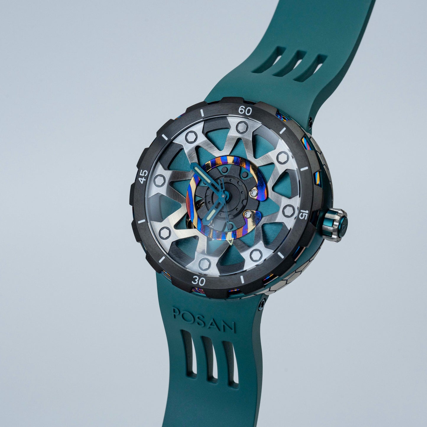 POSAN Watch PSW-001 GREEN Gradient Damascus Titanium Watch Timascus Anodized Color Finish with Skeleton Dial & Screw-down Crown