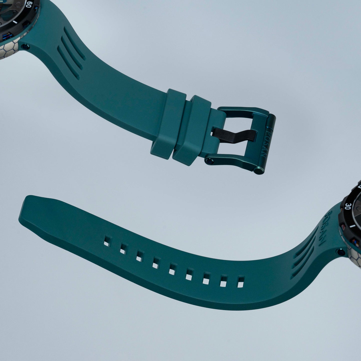 POSAN Watch PSW-001 GREEN Gradient Damascus Titanium Watch Timascus Anodized Color Finish with Skeleton Dial & Screw-down Crown