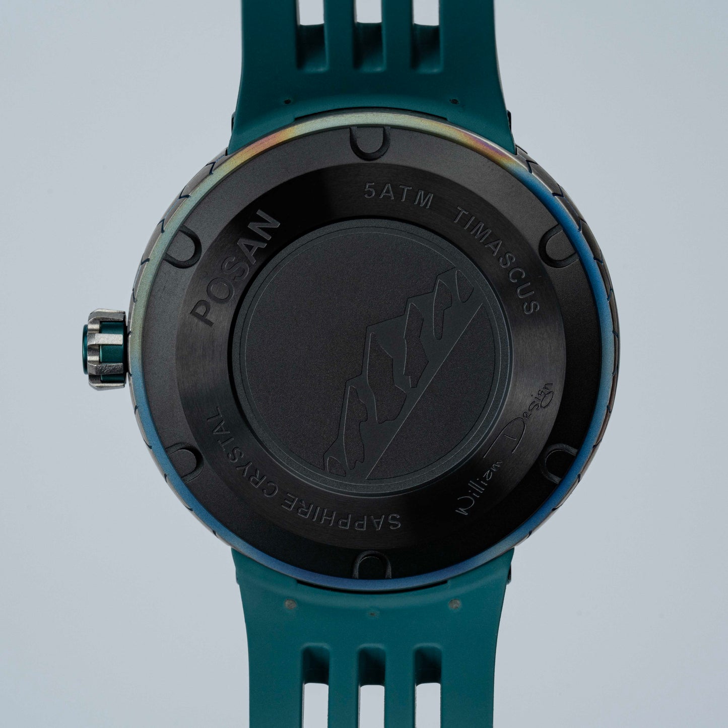 POSAN Watch PSW-001 GREEN Gradient Damascus Titanium Watch Timascus Anodized Color Finish with Skeleton Dial & Screw-down Crown