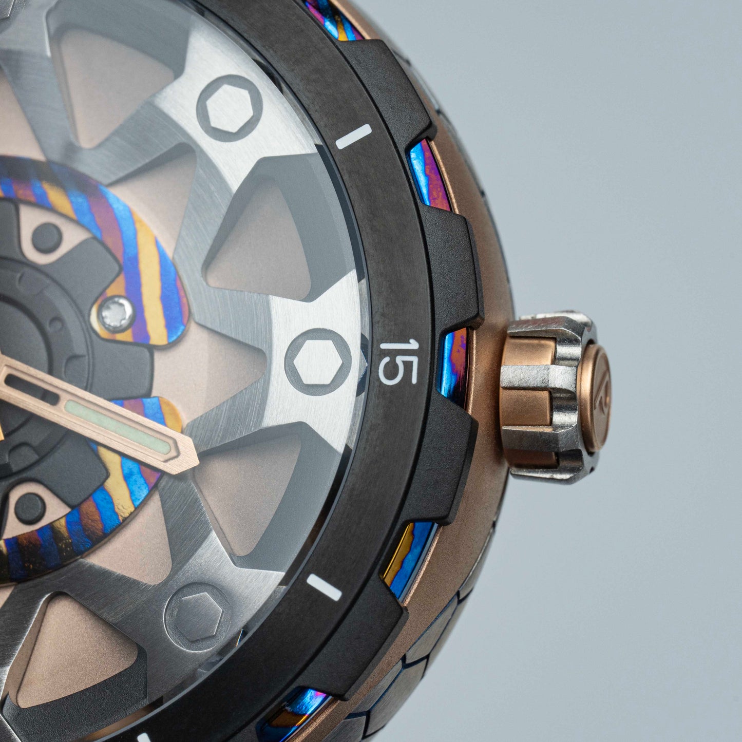 POSAN Watch PSW-001 ROSE Gradient Damascus Titanium Watch Timascus Anodized Color Finish with Skeleton Dial & Screw-down Crown