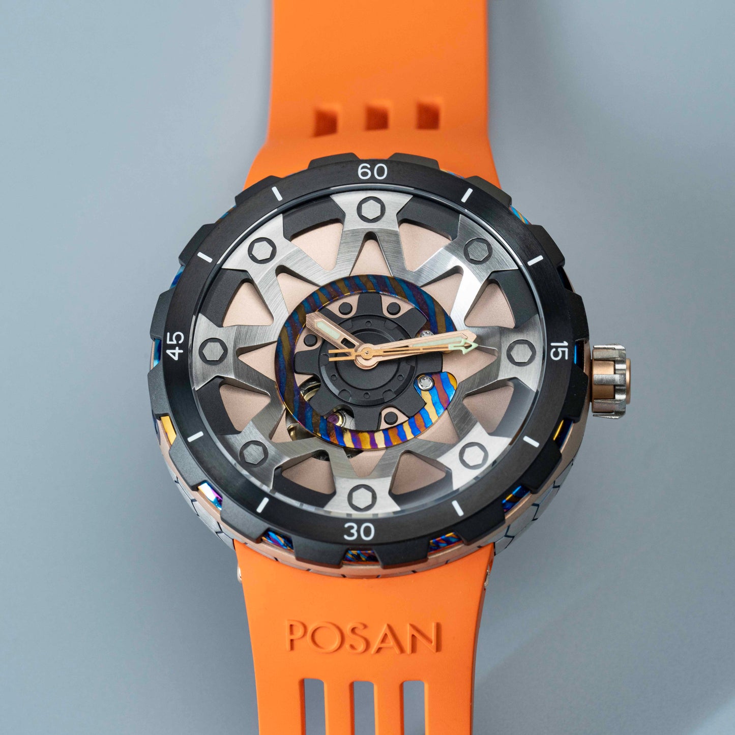 POSAN Watch PSW-001 ROSE Gradient Damascus Titanium Watch Timascus Anodized Color Finish with Skeleton Dial & Screw-down Crown