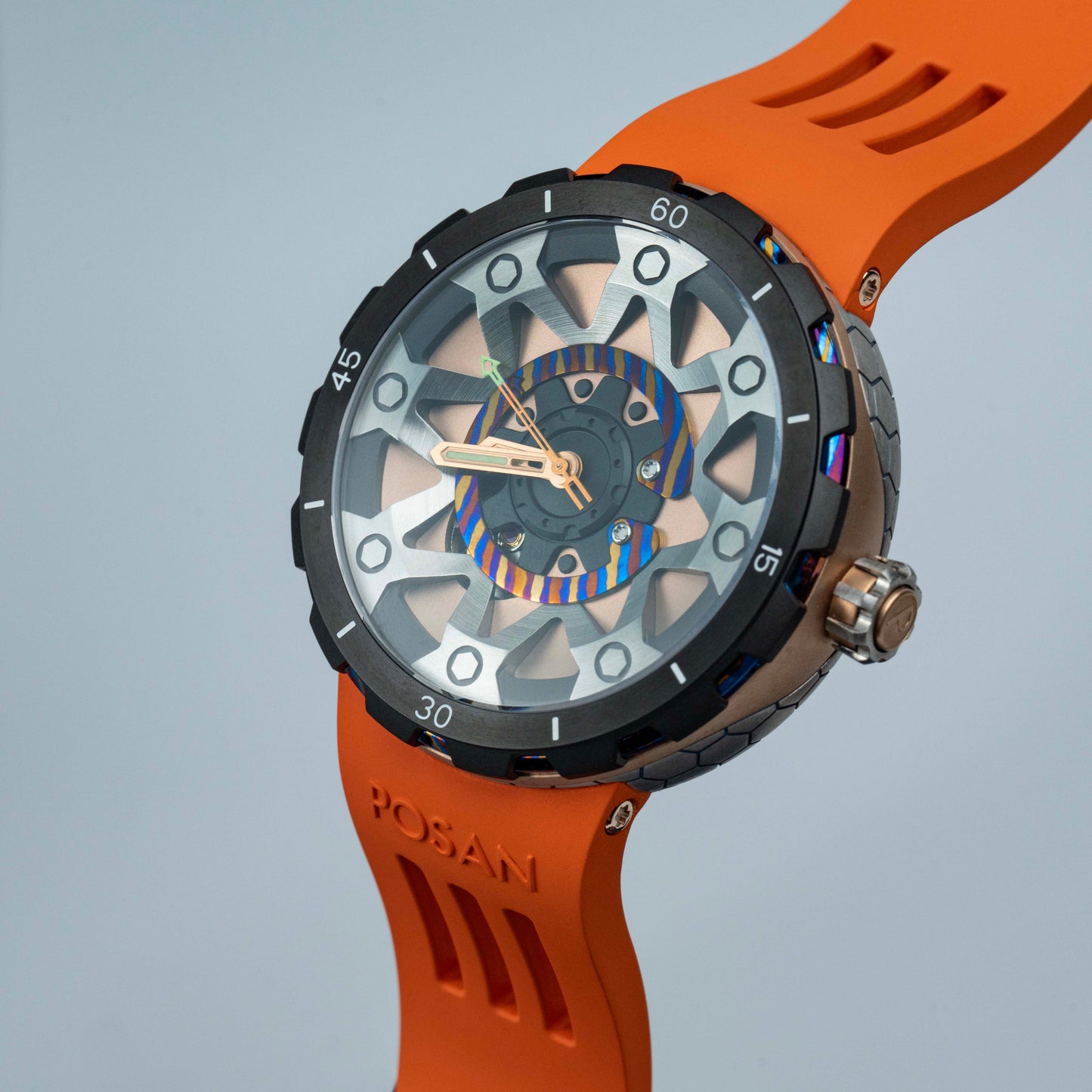 POSAN Watch PSW-001 ROSE Gradient Damascus Titanium Watch Timascus Anodized Color Finish with Skeleton Dial & Screw-down Crown
