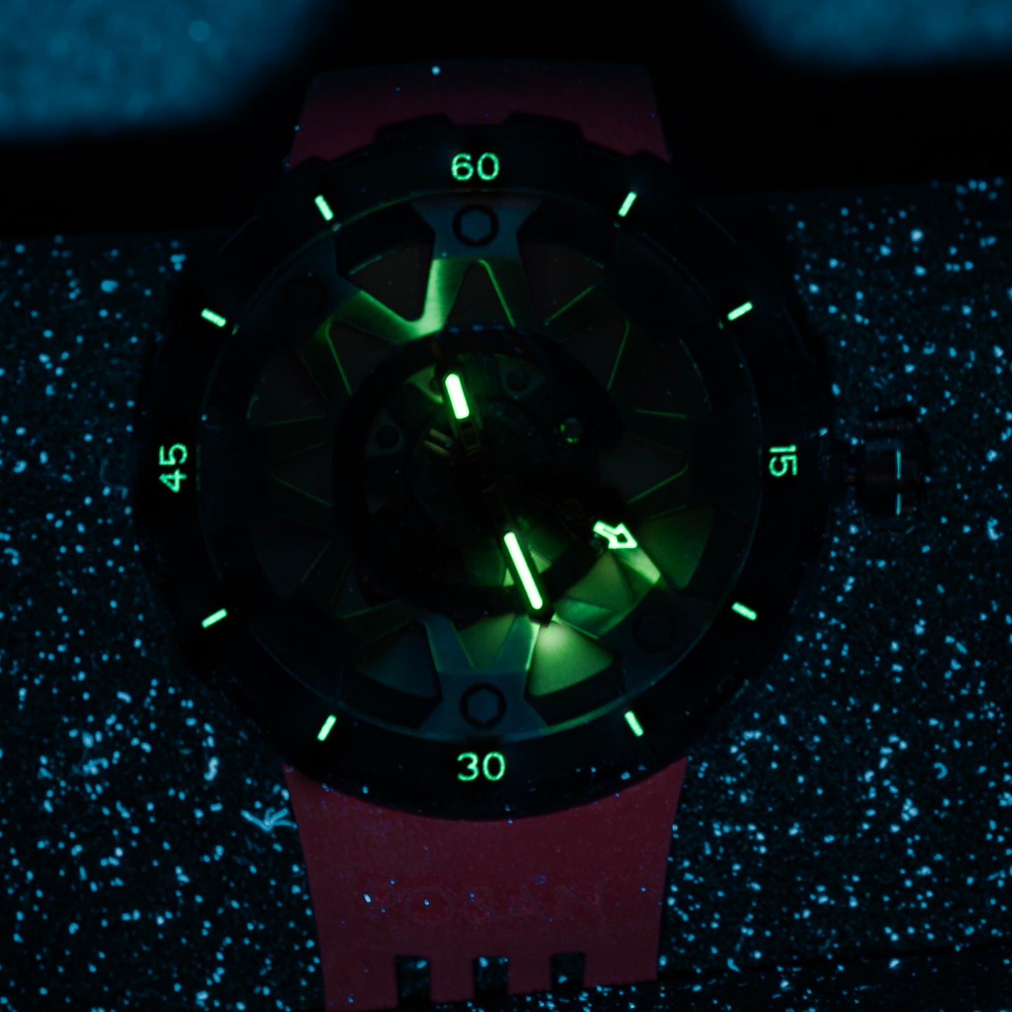 POSAN Watch PSW-001 ROSE Gradient Damascus Titanium Watch Timascus Anodized Color Finish with Skeleton Dial & Screw-down Crown