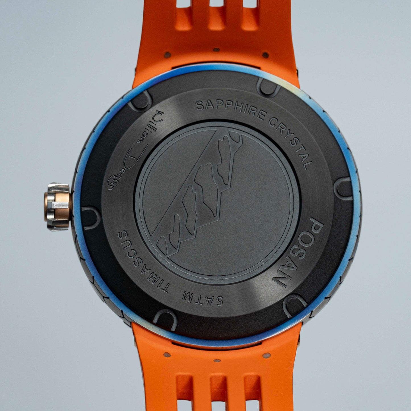 POSAN Watch PSW-001 ROSE Gradient Damascus Titanium Watch Timascus Anodized Color Finish with Skeleton Dial & Screw-down Crown
