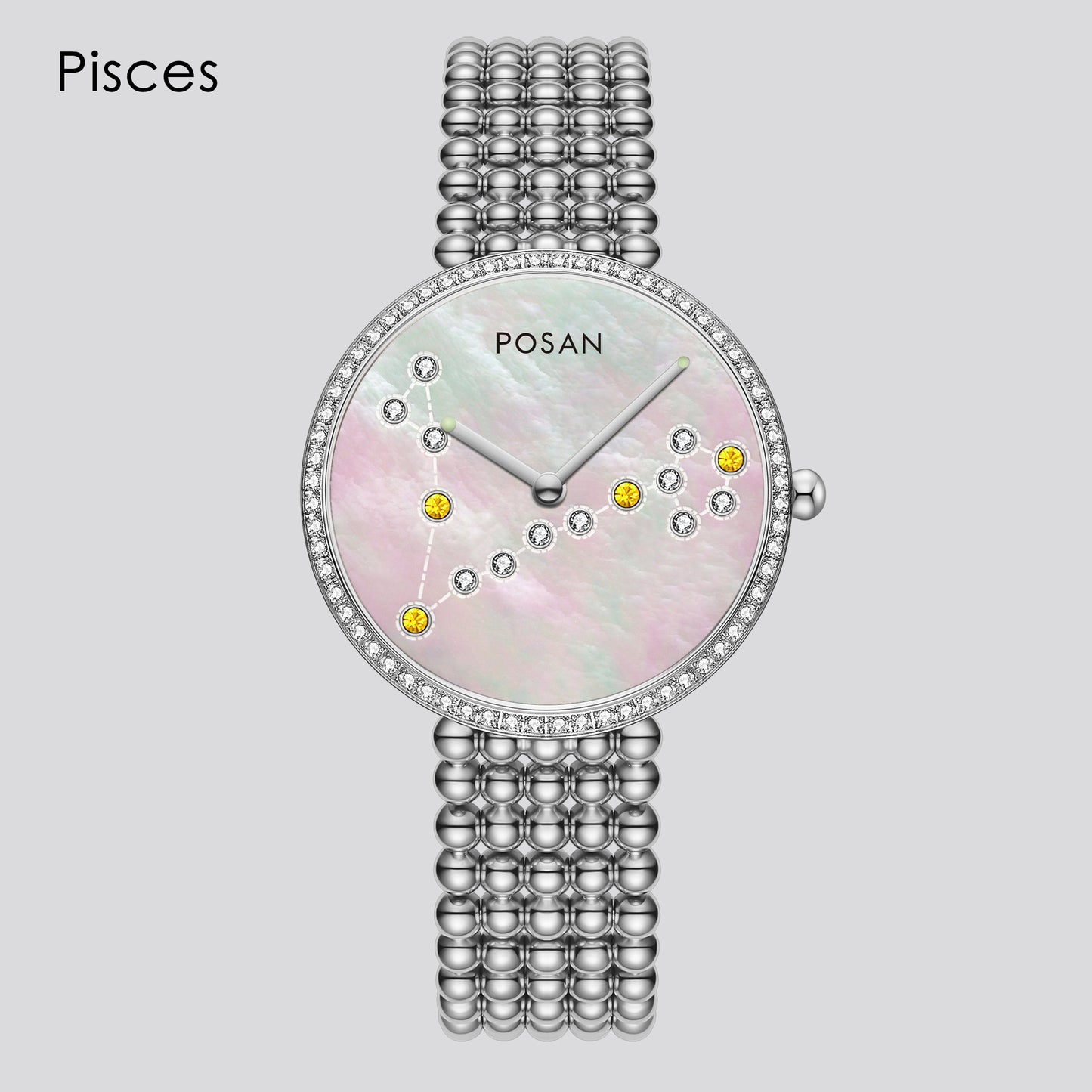 POSAN Watch PSW-001C Classic Zodiac Quartz Watch with Pearl Shell Dial, Gem-Set Constellations & Stainless Steel Bead Bracelet