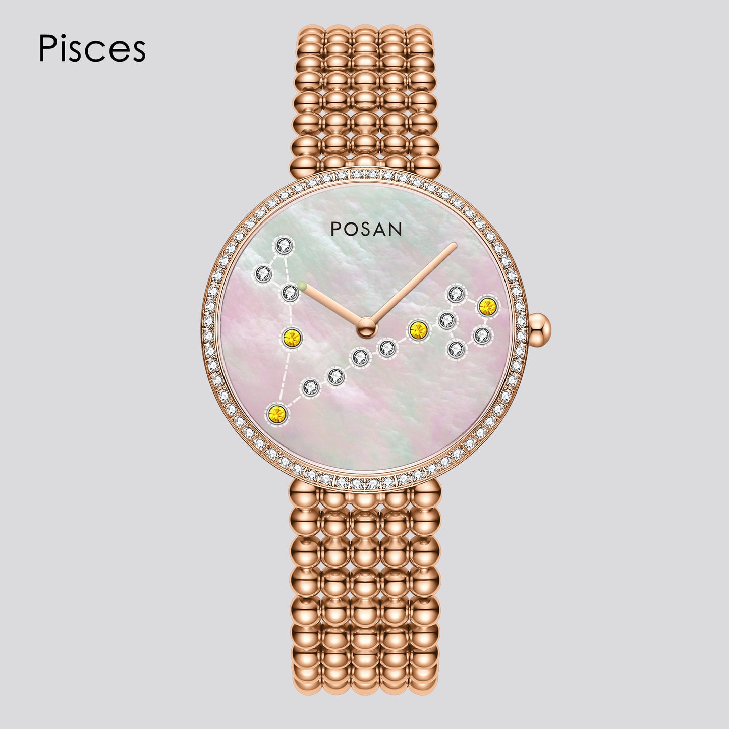 POSAN Mother-of-Pearl Dial Watch PSW-001C Classic Zodiac Quartz Watch with Gem-Set Constellations & Stainless Steel Bead Bracelet