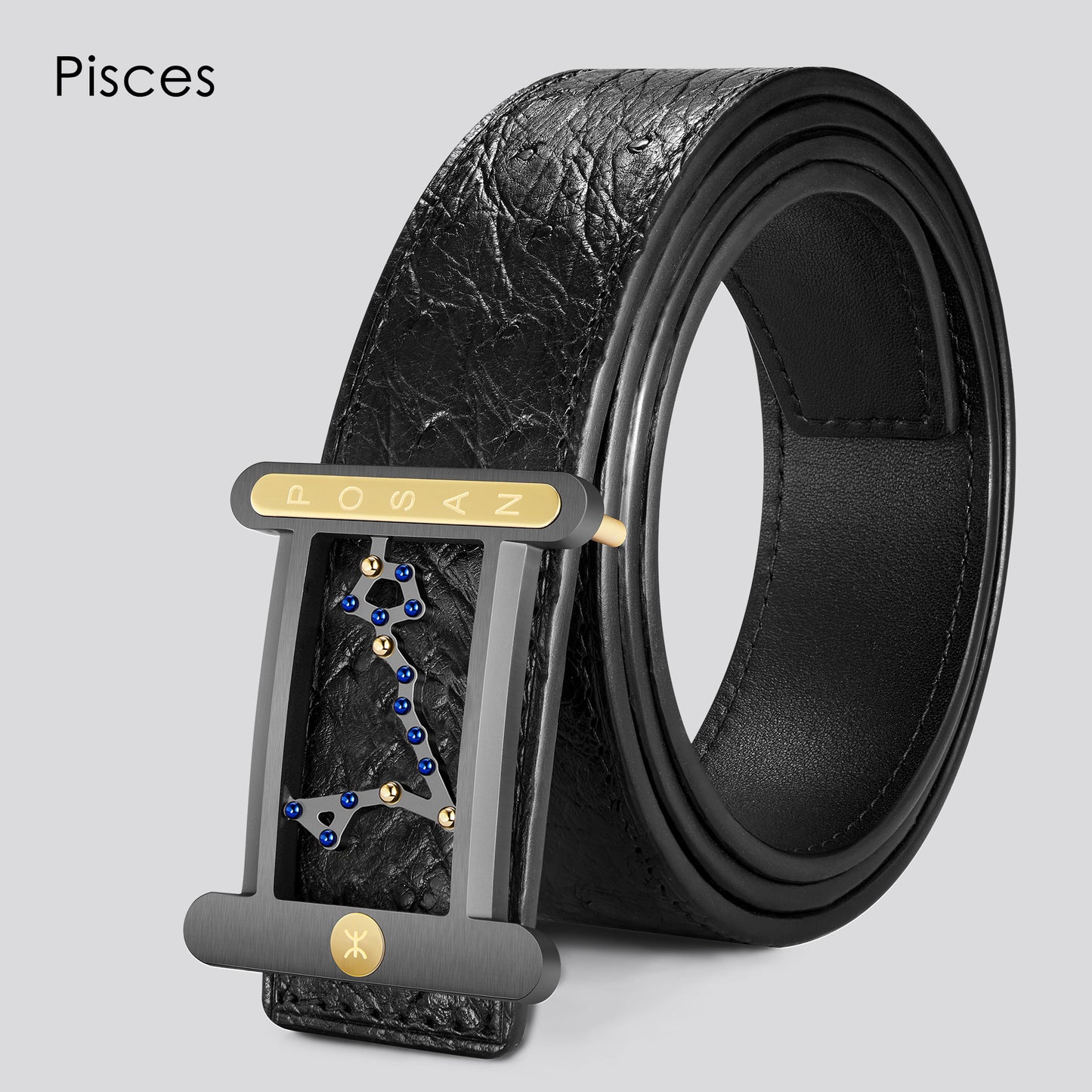 POSAN Belt PSB-001 Ostrich Leather Zodiac Plate Buckle Belt with Titanium & Black-Gold Electroplated Finish