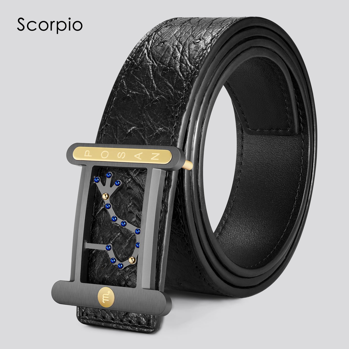 POSAN Belt PSB-001 Ostrich Leather Zodiac Plate Buckle Belt with Titanium & Black-Gold Electroplated Finish