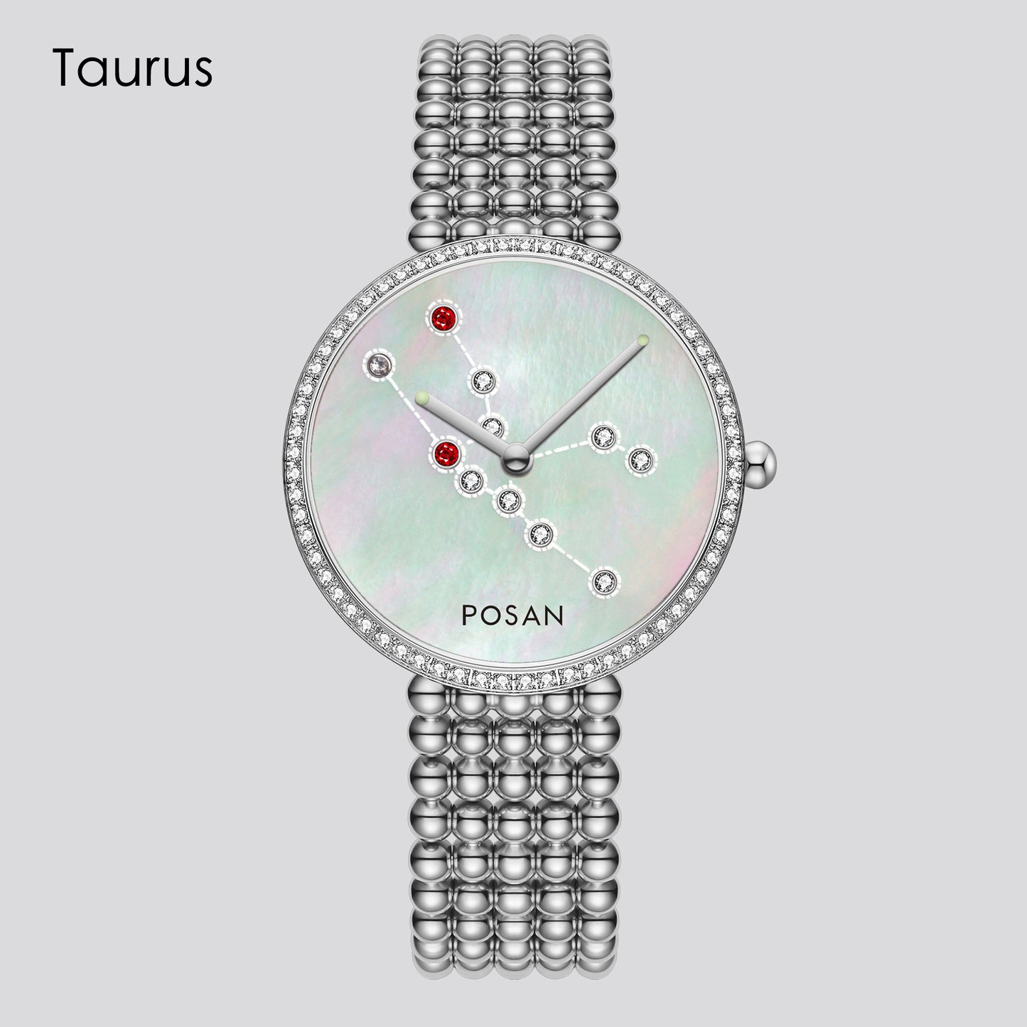 POSAN Watch PSW-001C Classic Zodiac Quartz Watch with Pearl Shell Dial, Gem-Set Constellations & Stainless Steel Bead Bracelet